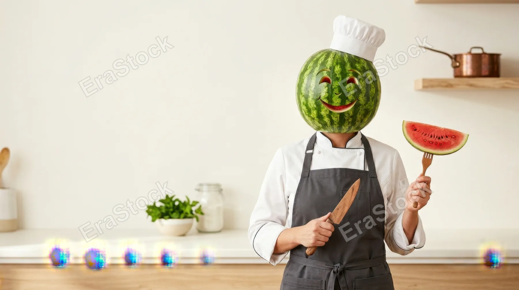 a graphic commercial composition featuring the chef as the hero, showcasing her watermelon head against a clean backdrop filled with minimal distracting elements