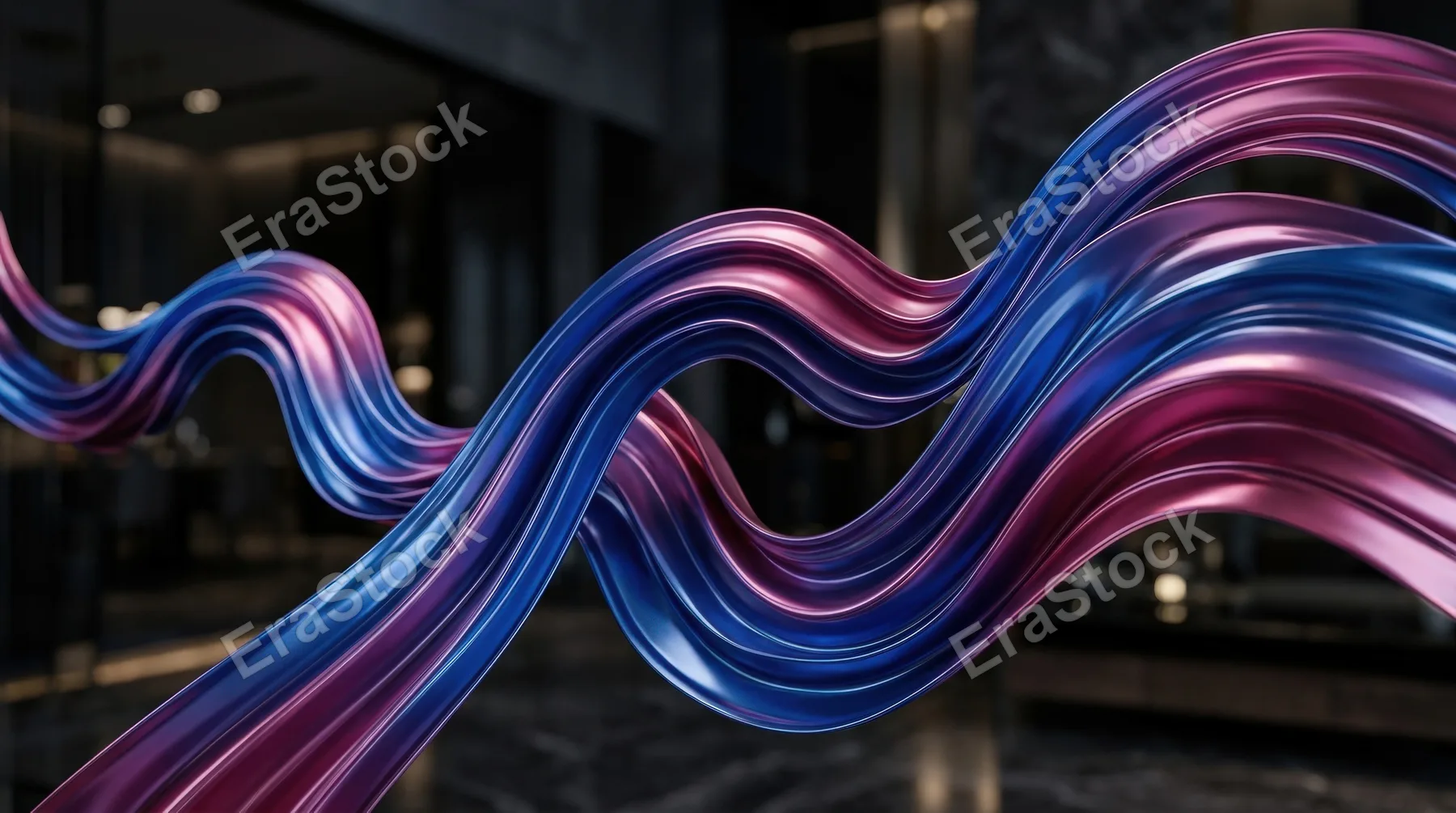 Flowing ribbon waves in blue and pink metallic gradient, elegant dynamic movement, glossy sheen and modern luxury atmosphere, ultra-realistic, no logos.