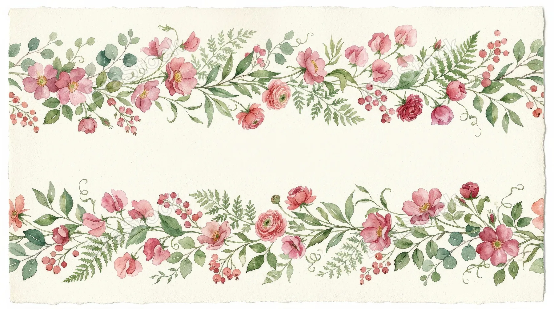 A watercolor midsummer seamless border with delicate leaves and pink-red flowers, hand-painted floral frame with soft romantic detail, graceful invitation atmosphere, ultra-realistic, no logos.