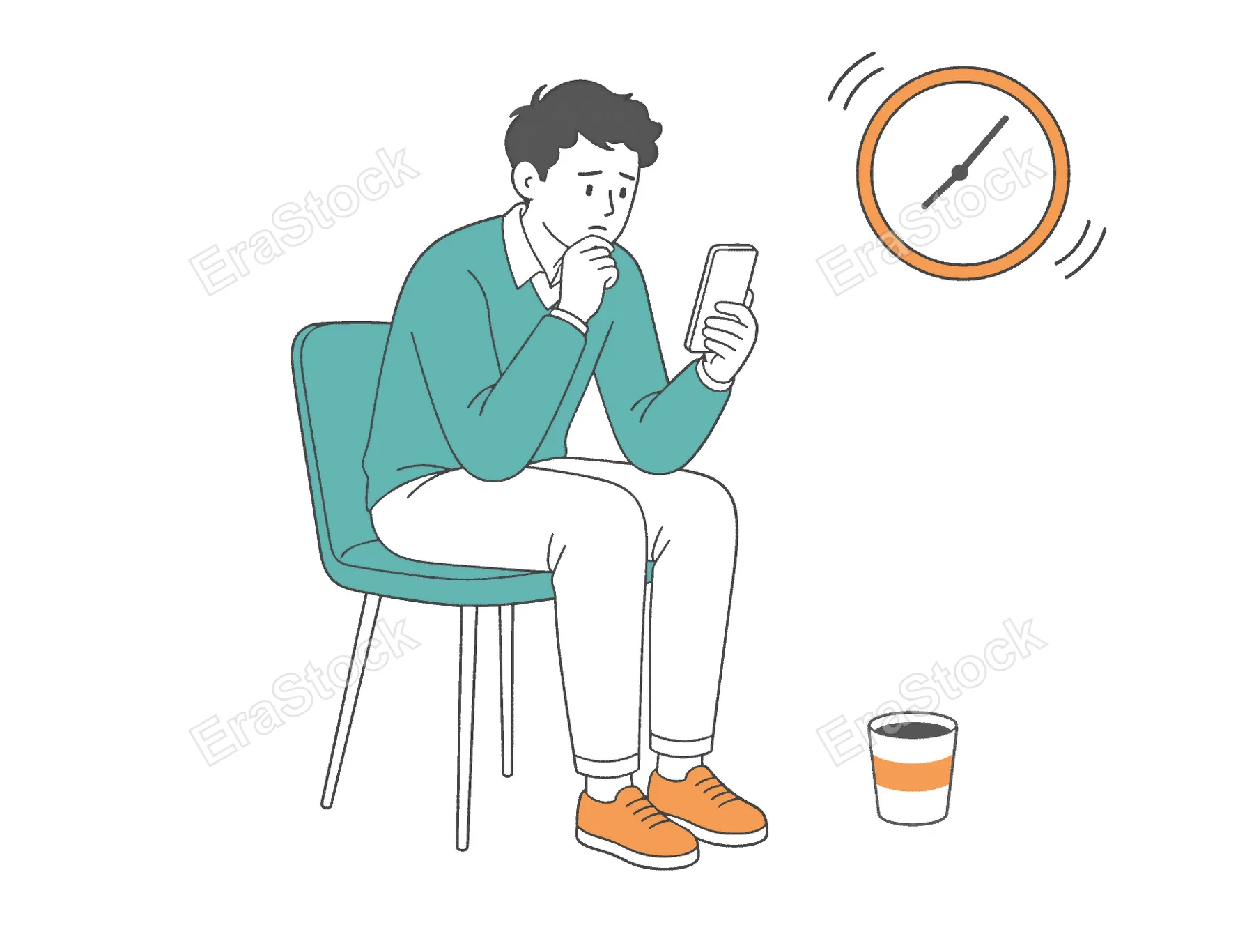 A young man sits on a chair, looking stressed while holding his smartphone and glancing at a ticking clock, symbolizing time pressure and anxiety