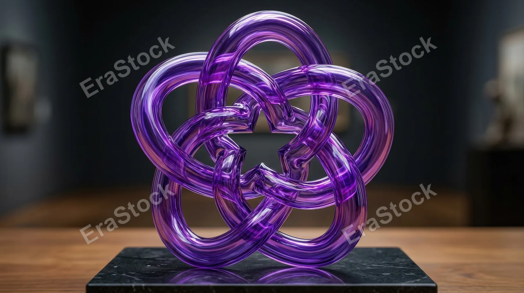 A continuous glass tube twisted into a torus knot with a star-shaped center, purple gradient reflections and sculptural elegance, ultra-realistic, no logos.