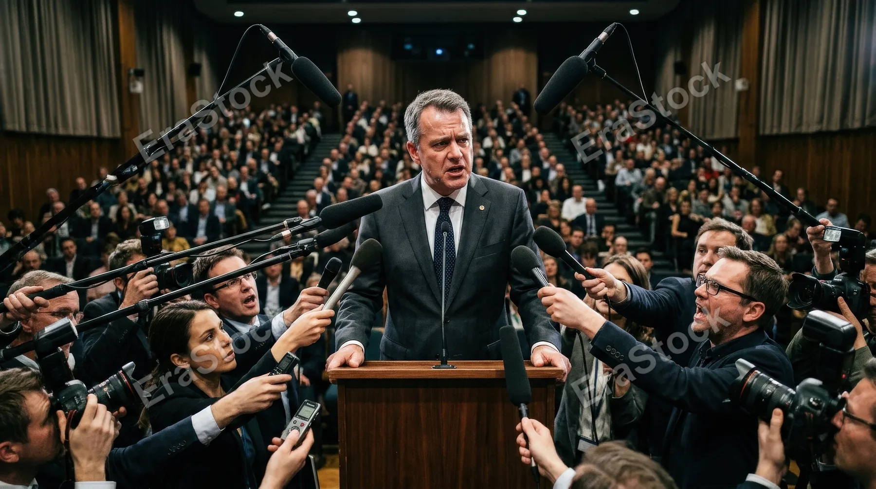 A press conference in an auditorium, journalists with microphones interviewing a suited politician, public speaking tension, ultra-realistic, no logos.