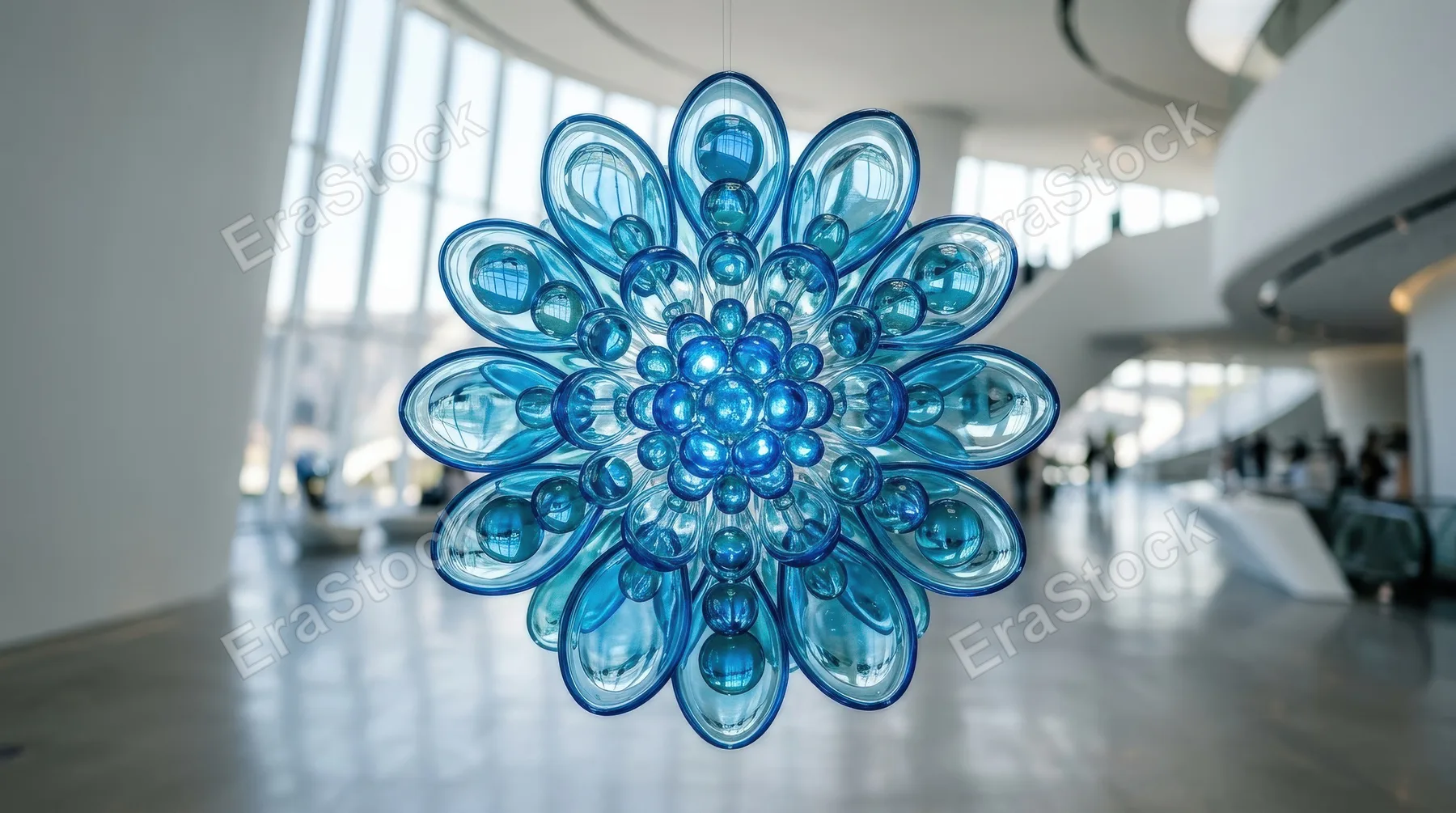 Round glass shapes with reflective surfaces arranged like a floating flower, blue lens-like transparency and minimalist futuristic grace, ultra-realistic, no logos.