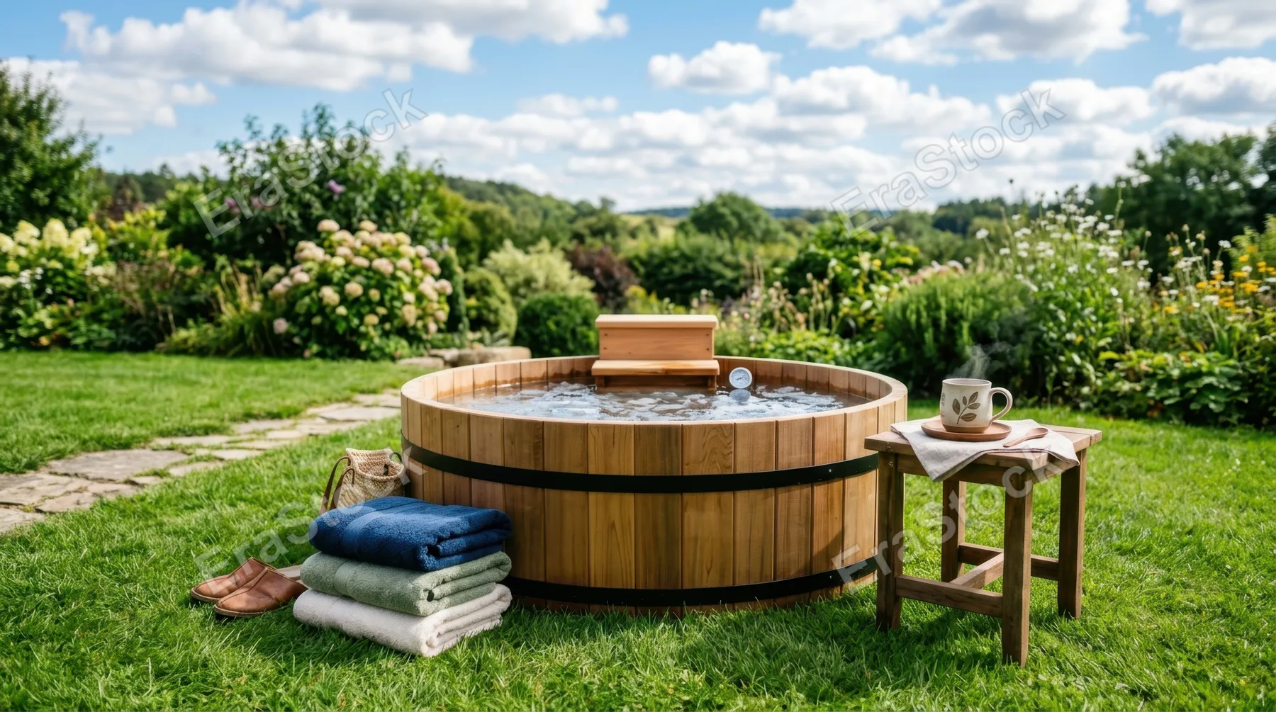 a vibrant outdoor scene featuring a cold plunge tub nestled on lush green grass, surrounded by neatly arranged towels and a steaming cup of herbal tea on a small wooden