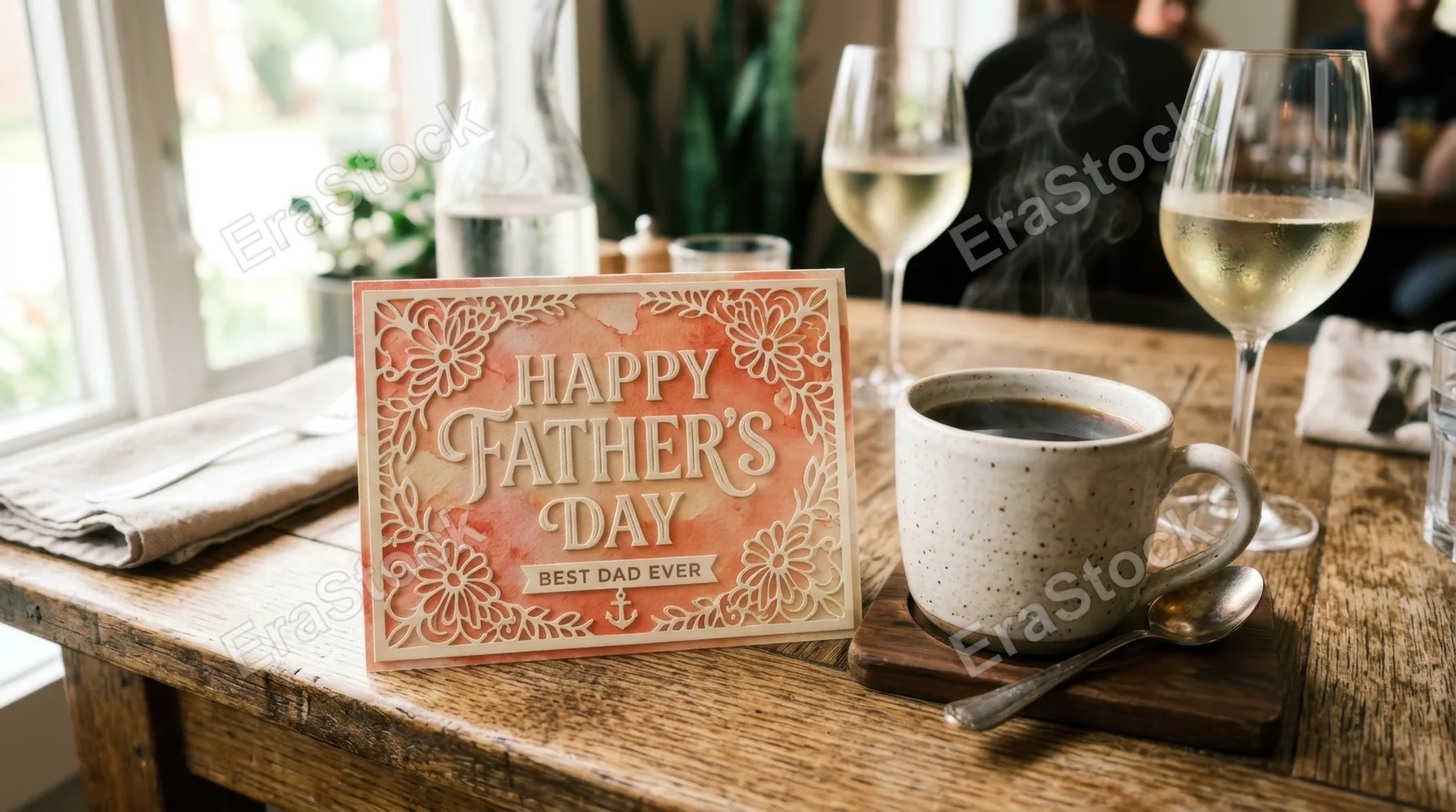 a close-up of the vibrant father's day card placed next to the steaming coffee cup emphasizes the intricate textures and colors against the rustic wooden table. the light