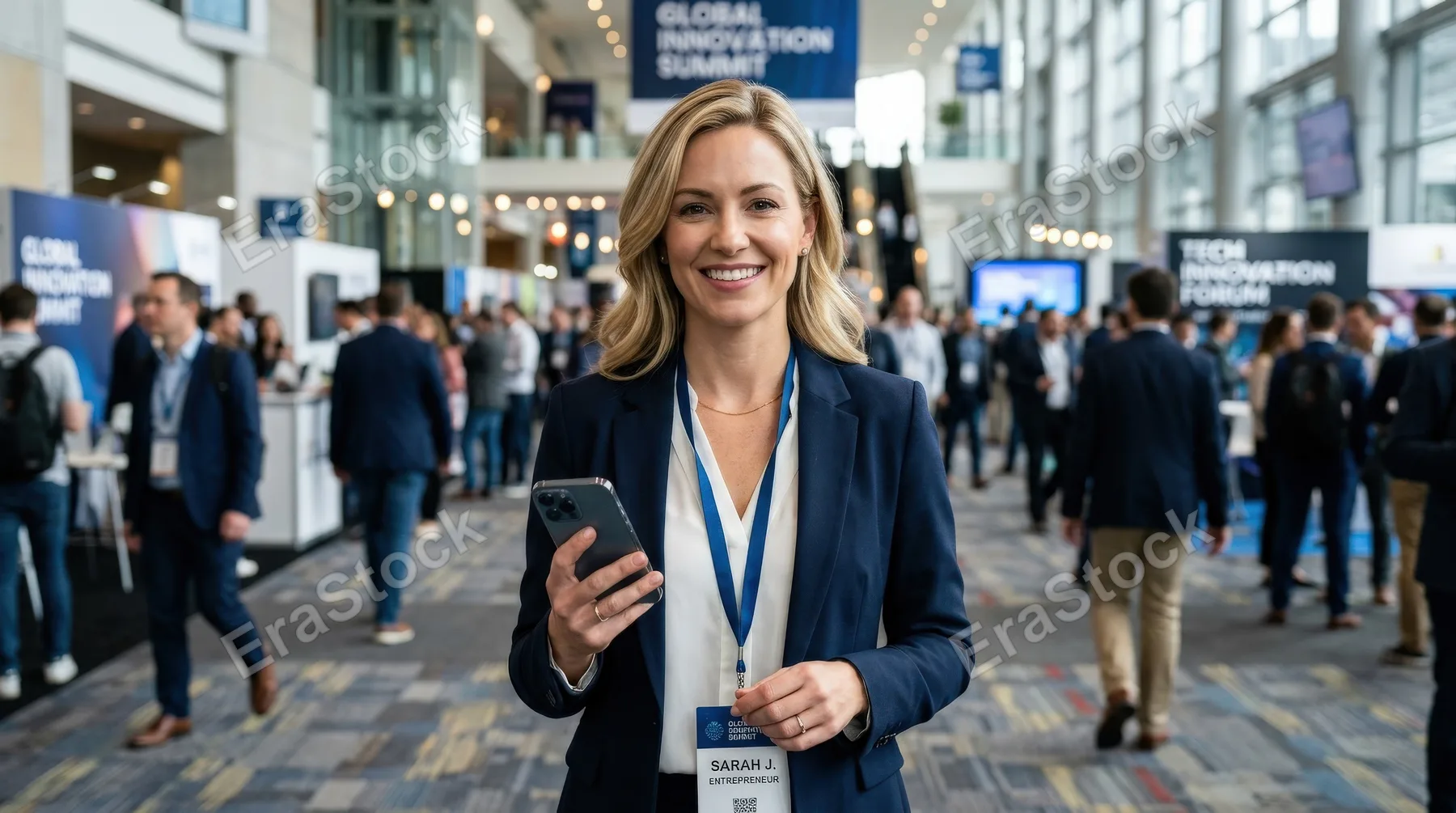Portrait of a smiling blond female entrepreneur holding a smartphone in a congress center, stylish businesswear, blurred conference background, confident and modern professional vibe, ultra-realistic,