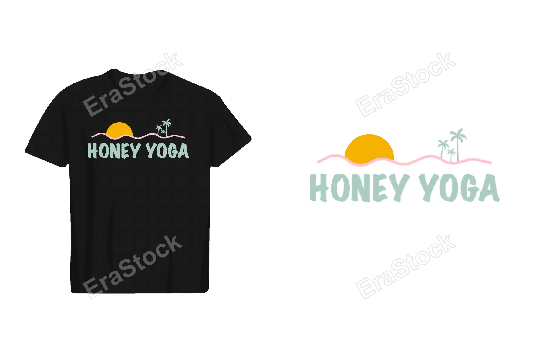 A black t-shirt features a retro-style logo with the words Honey Yoga, a setting sun, and palm trees