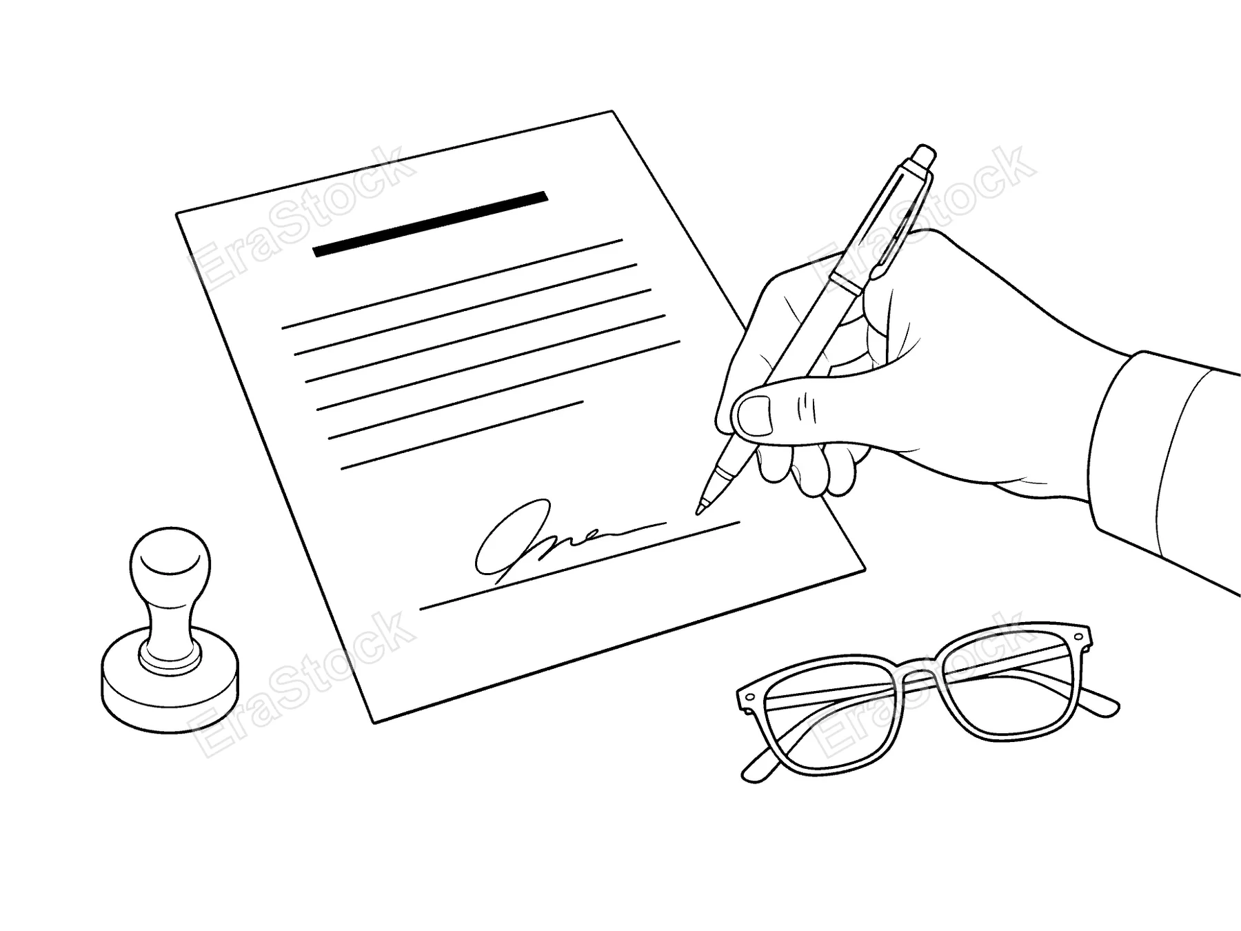A hand in a suit jacket signs a formal document with a pen, while eyeglasses and a rubber stamp rest on the surface