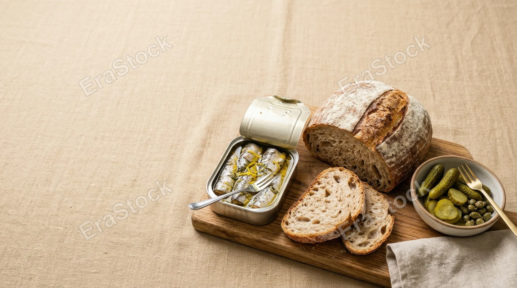 a bold, clean composition featuring the tinned fish and crusty bread against a sandy beige tablecloth, designed for commercial appeal. the vibrant green pickles add a