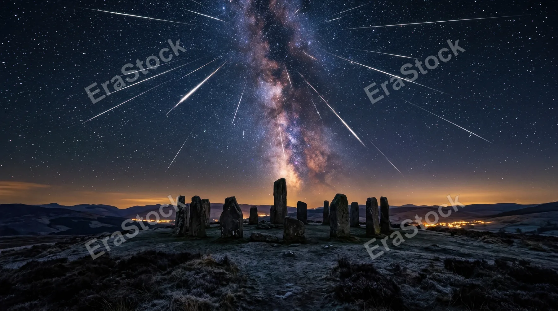 A meteor shower above an ancient stone circle on a remote hilltop, dozens of bright white streaks radiating from a single vanishing point overhead, long-exposure light