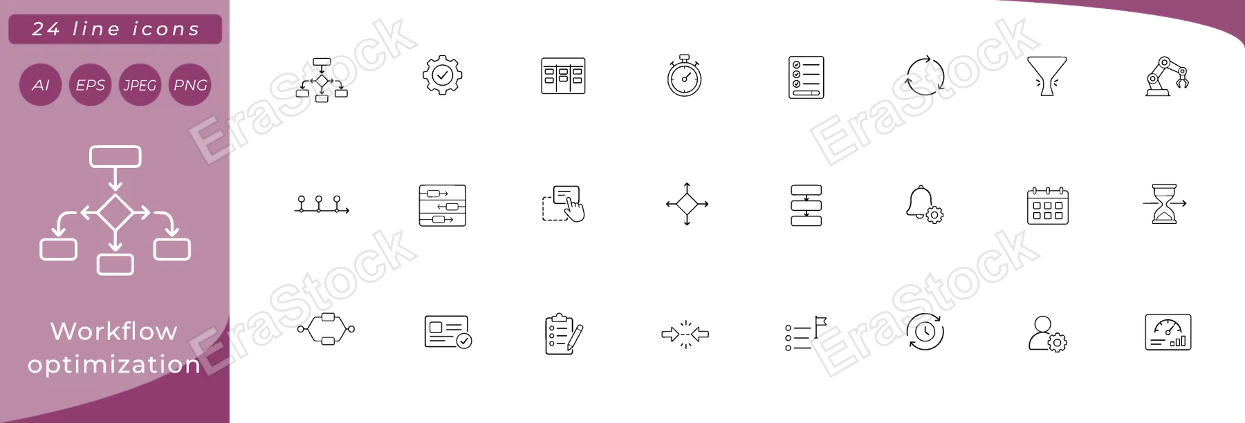 Workflow optimization: flowchart diagram, gear with checkmark badge, kanban board columns, stopwatch, checklist with progress bar, looping arrows cycle, bottleneck funnel, automation robot arm