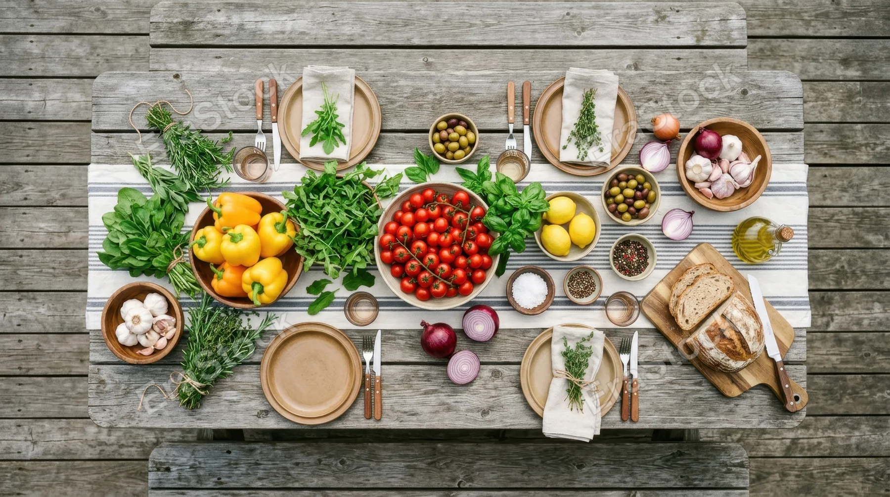 an overhead view of the rustic table brimming with vibrant culinary ingredients, including bright red tomatoes, soft yellow bell peppers, and fresh greens. the