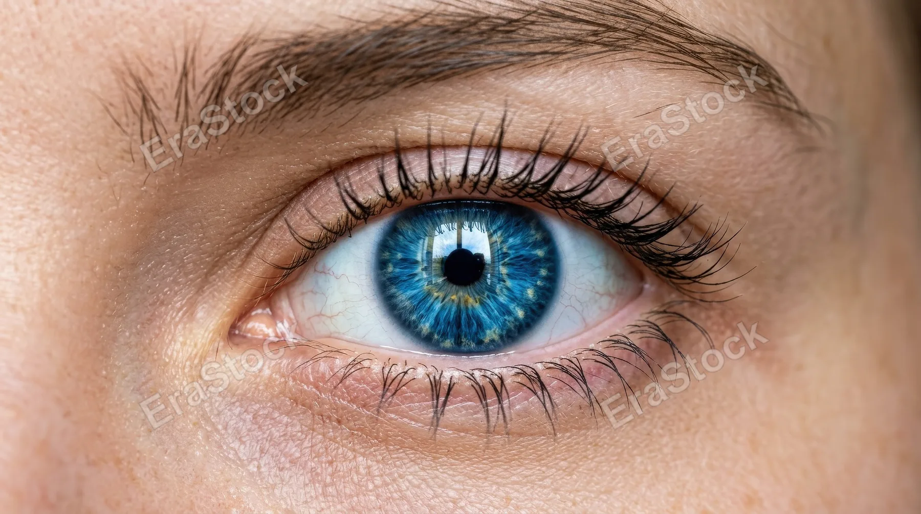 A striking close-up of a vivid blue eye, crisp lashes, reflective iris detail and hypnotic minimal beauty, ultra-realistic, no logos.