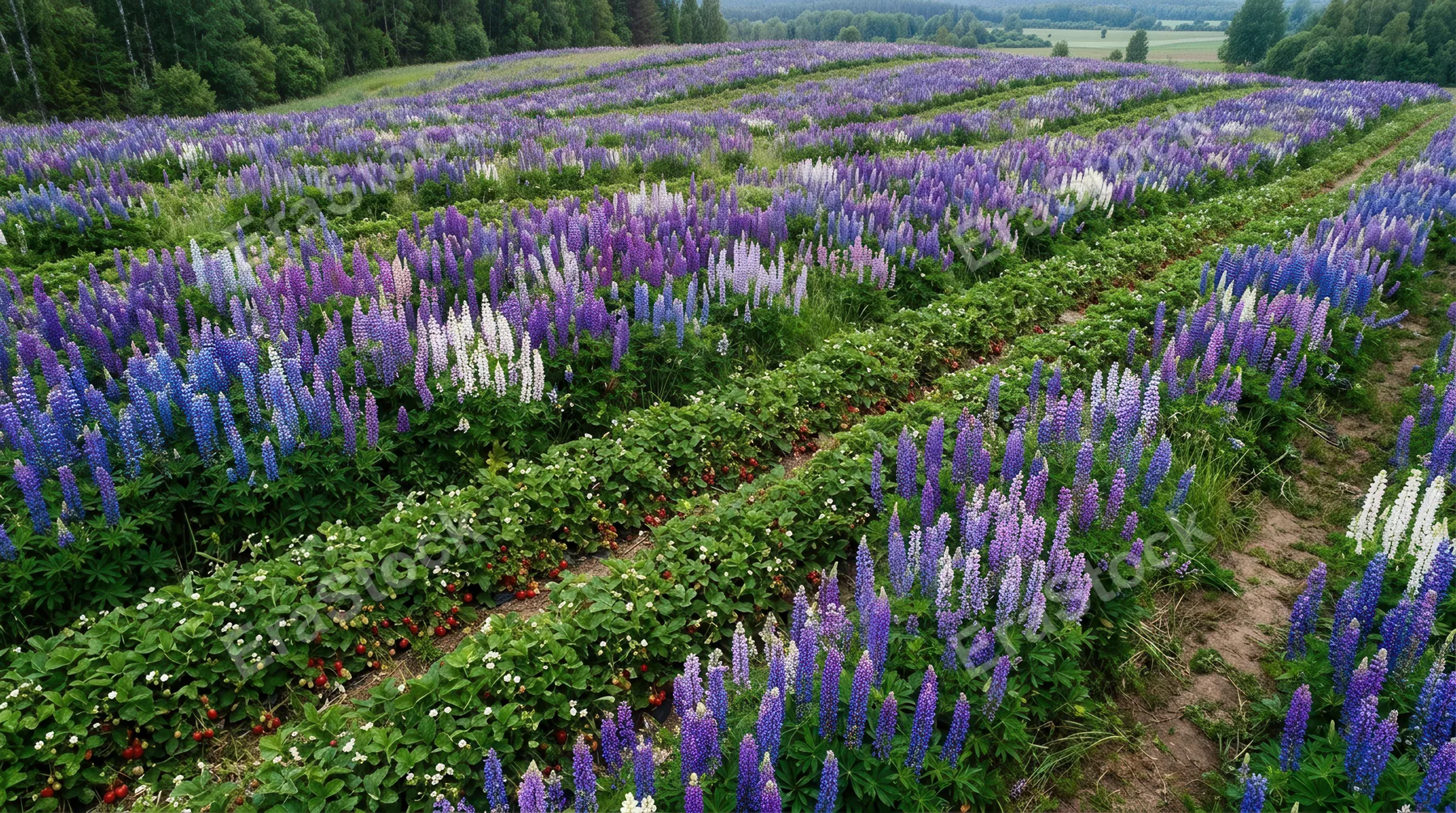 an overhead view of the vibrant lupine field with interspersed strawberries, capturing a clearly different angle that emphasizes the layers of color and texture. the