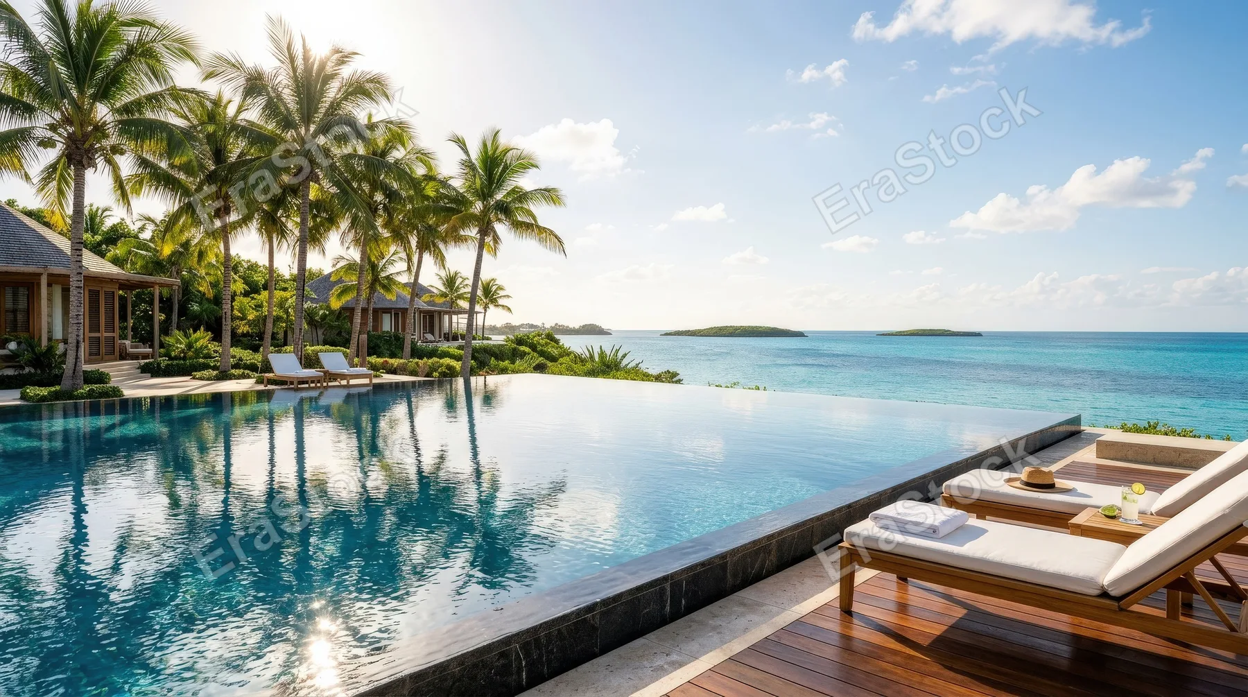 A luxury infinity pool reflecting sunlight and tropical palm trees, overlooking a tranquil ocean in a paradise resort setting, polished surfaces and serene vacation opulence, ultra-realistic, no