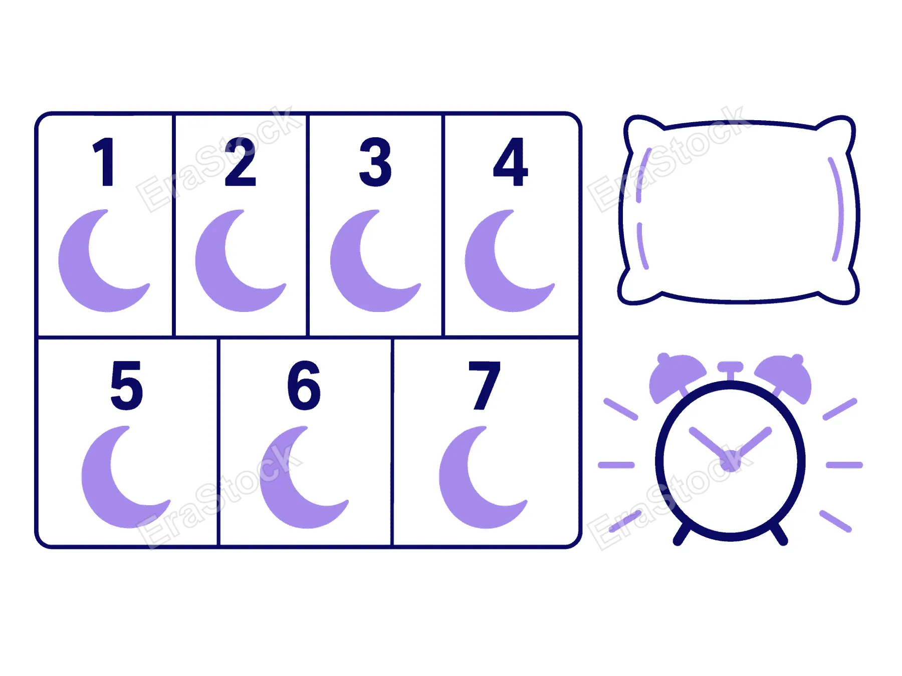 A visual representation of a seven-day sleep schedule, featuring numbered days with moon symbols and icons for a pillow and alarm clock