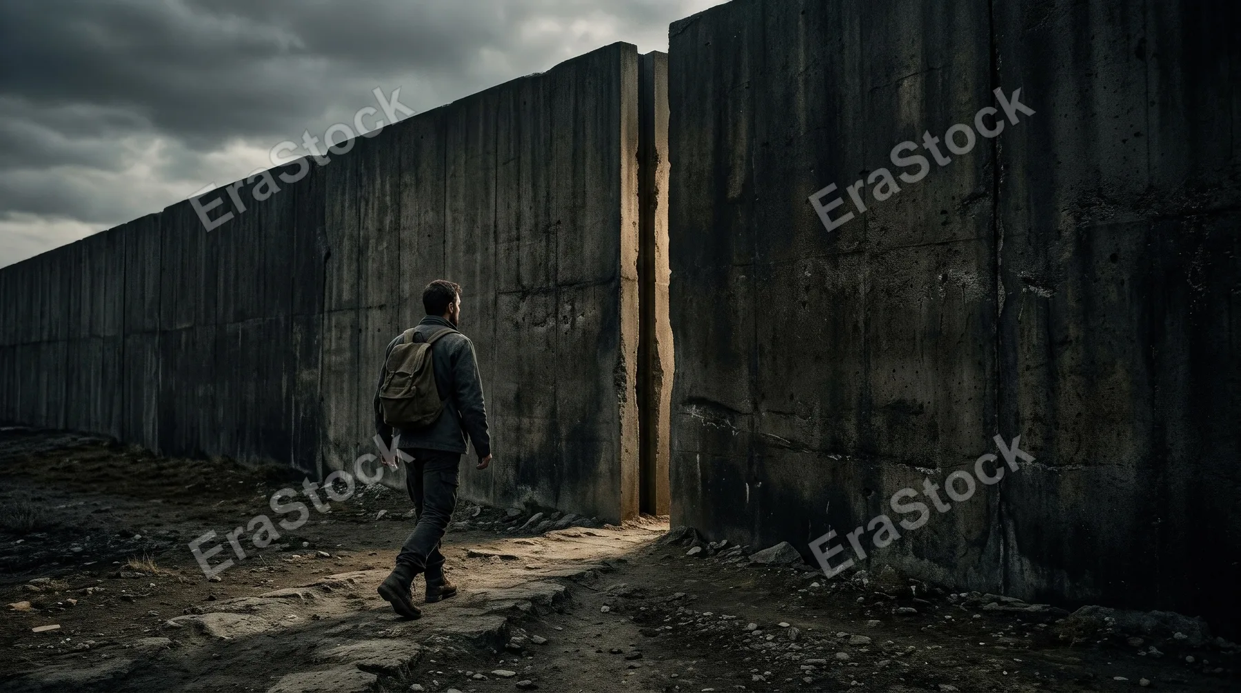 A man walking toward a narrow gap in a massive wall, stark minimal architecture, symbolizing market entry and overcoming barriers, tense dramatic lighting, ultra-realistic, no logos.