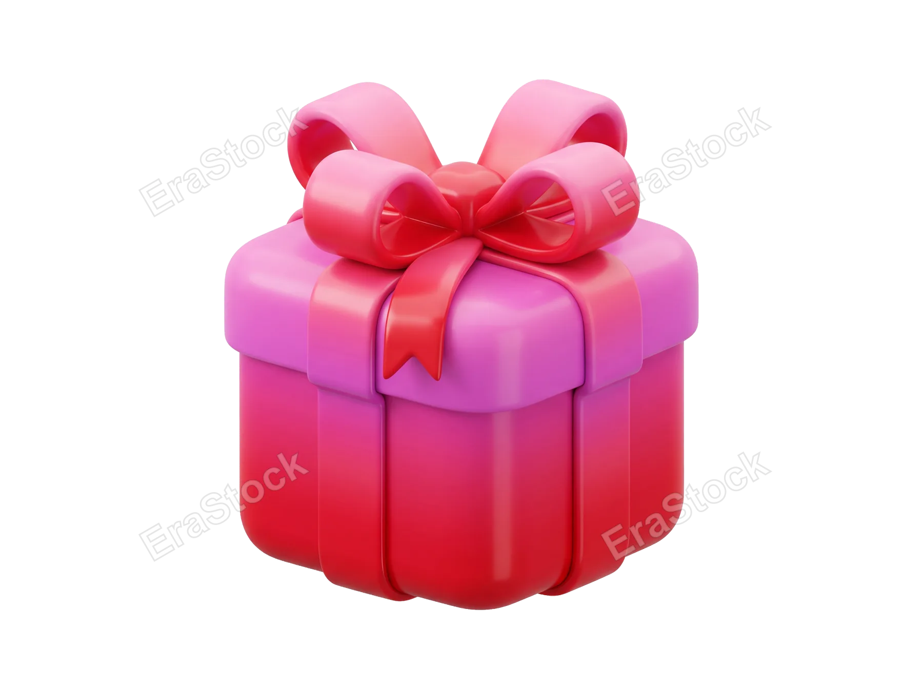 This 3D rendered gift box features a gradient of pink to red colors and is tied with a matching ribbon and bow, perfect for celebrations