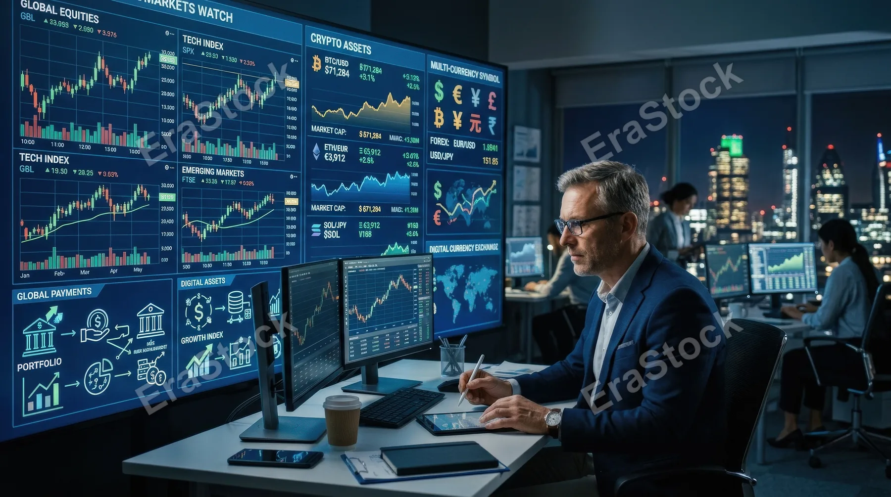 A global investor analyzing digital currency exchange, stock charts and banking icons on a luminous financial dashboard, multi-currency symbols, fintech growth atmosphere, ultra-realistic, no logos.