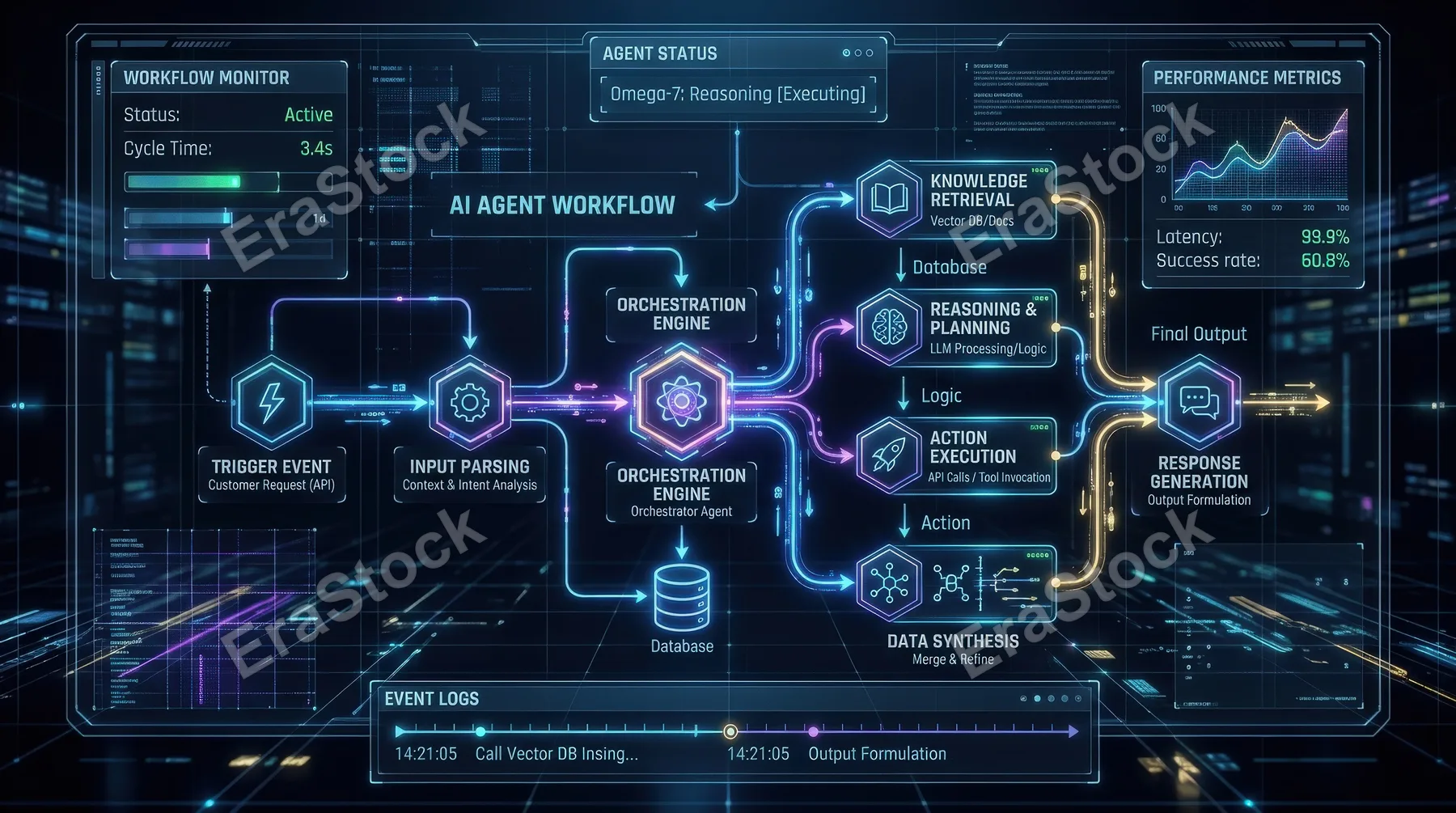 An AI agent automation workflow diagram with connected nodes on a futuristic digital interface, luminous process lines, layered data panels, sleek cyber aesthetic, ultra-realistic, no logos.