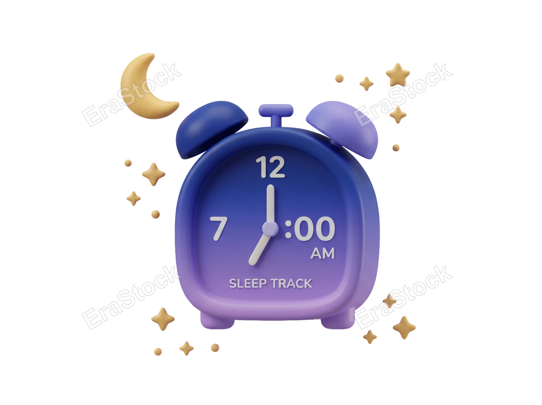 A stylized alarm clock displays 7:00 AM with a crescent moon and scattered stars, symbolizing nighttime and sleep tracking