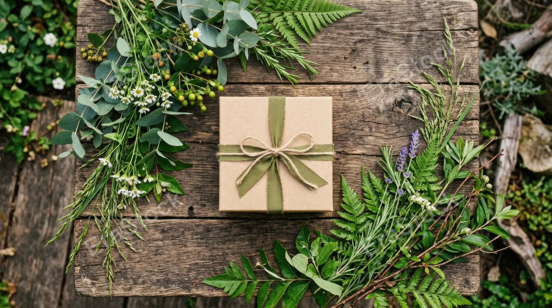 an overhead angle of the gift box centered on the rugged wooden table, surrounded by greenery for a fresh outdoor feel. the arrangement allows for a diagonal composition