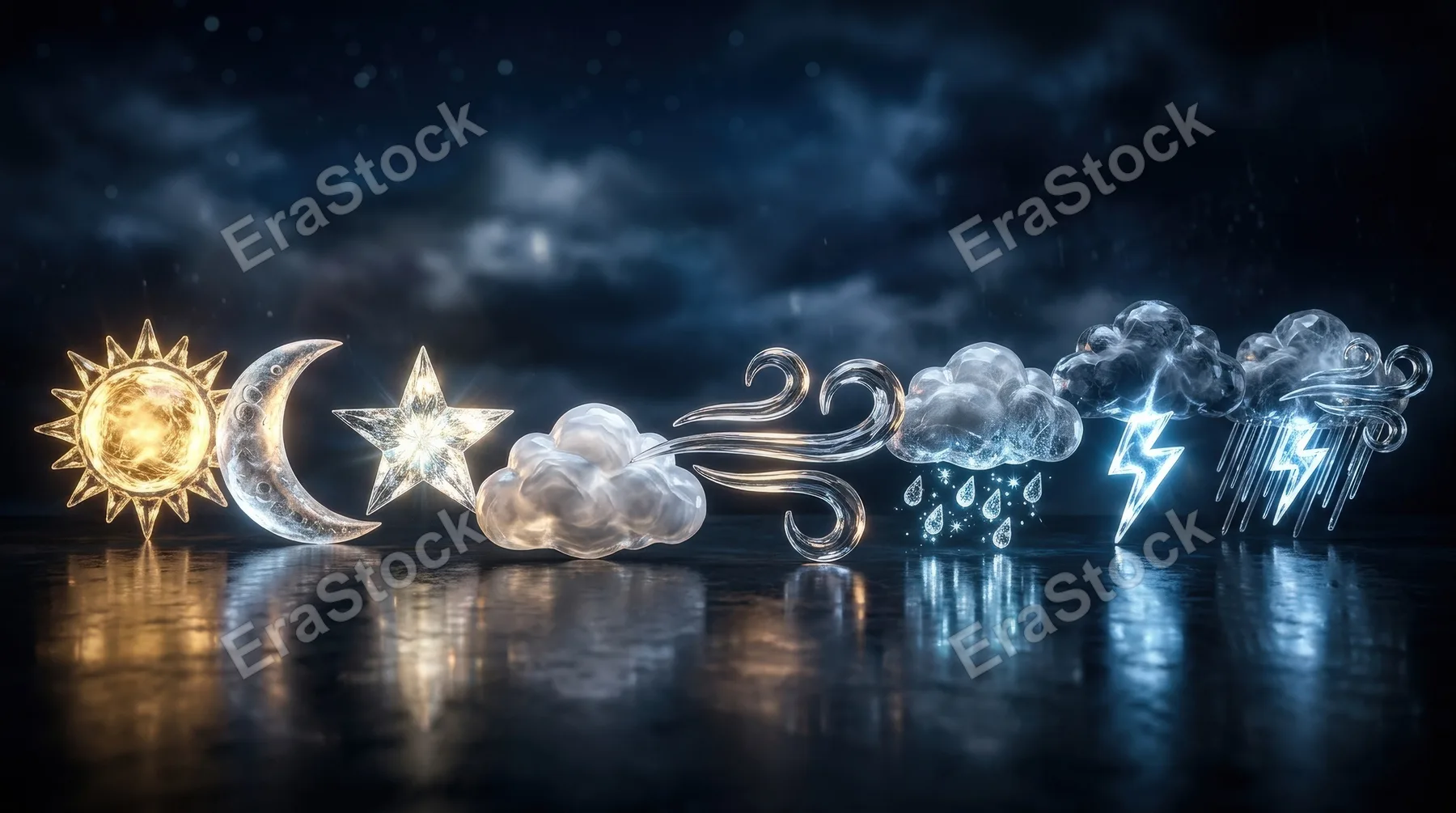 A glass weather icon set combining rain, wind, lightning, cloud, moon, star and sun, luminous crystal finish and a crisp atmospheric-pattern mood, ultra-realistic, no logos.