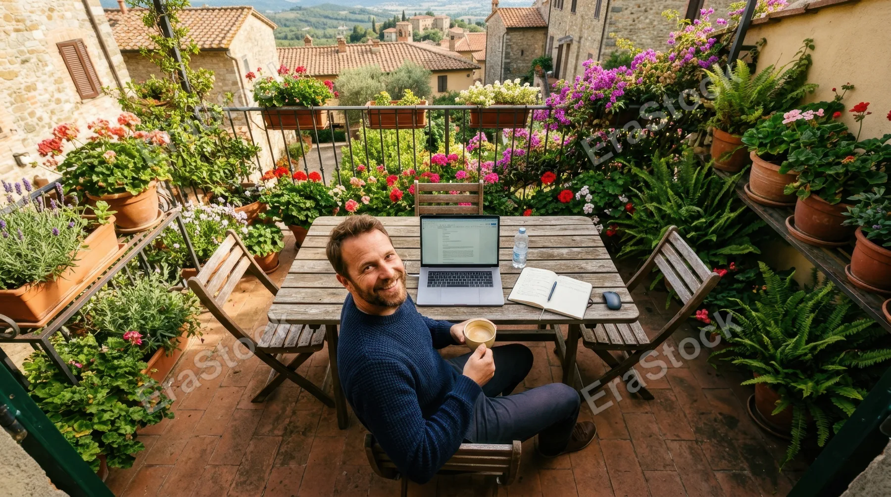 an overhead view of the remote worker on the terrace, revealing him in the bottom third, cozy and smiling with a cup of coffee. the picnic table, adorned with his laptop