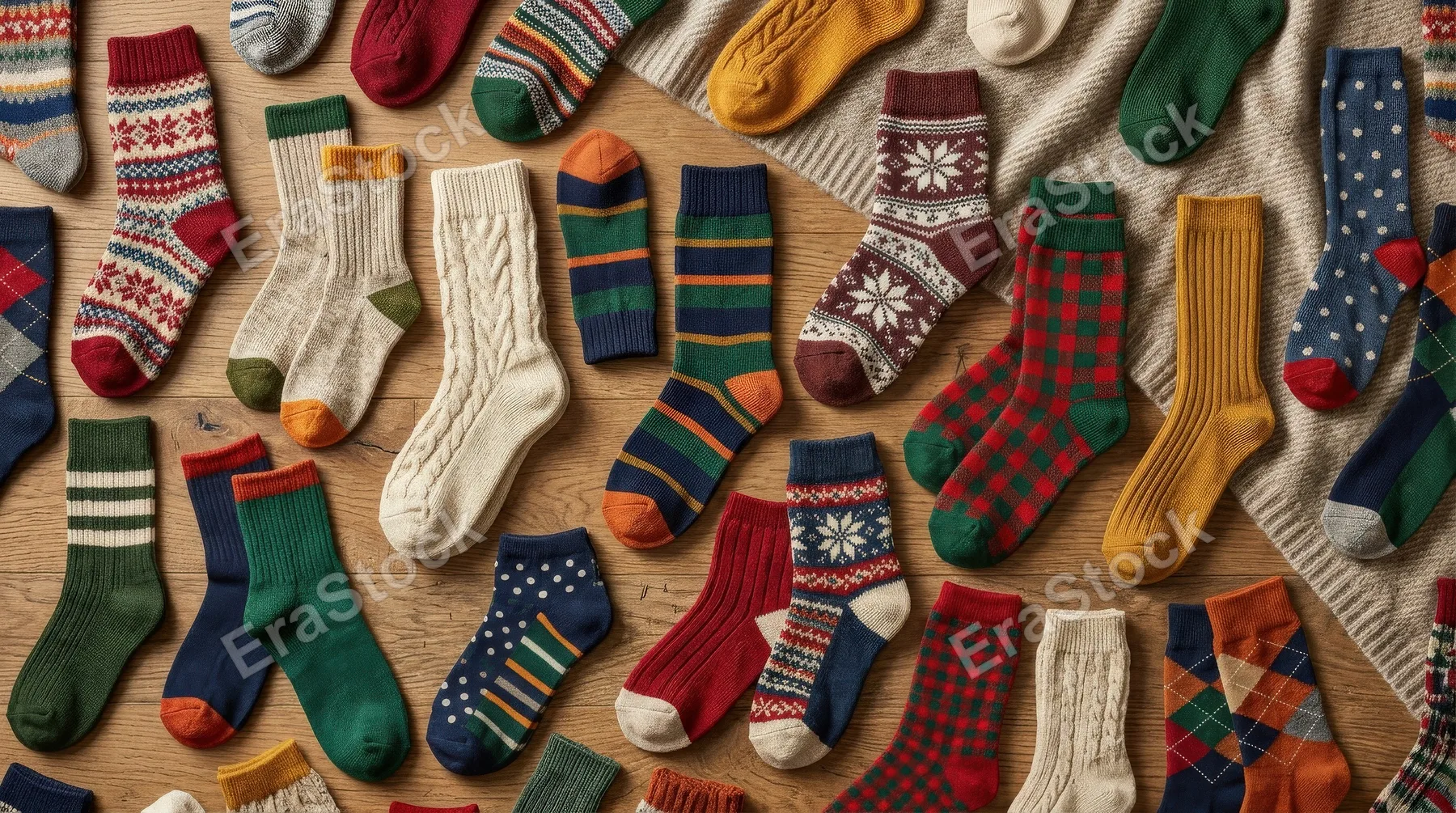 A seamless pattern of socks in assorted prints and textures, cozy winter hosiery repetition, warm domestic atmosphere, ultra-realistic, no logos.