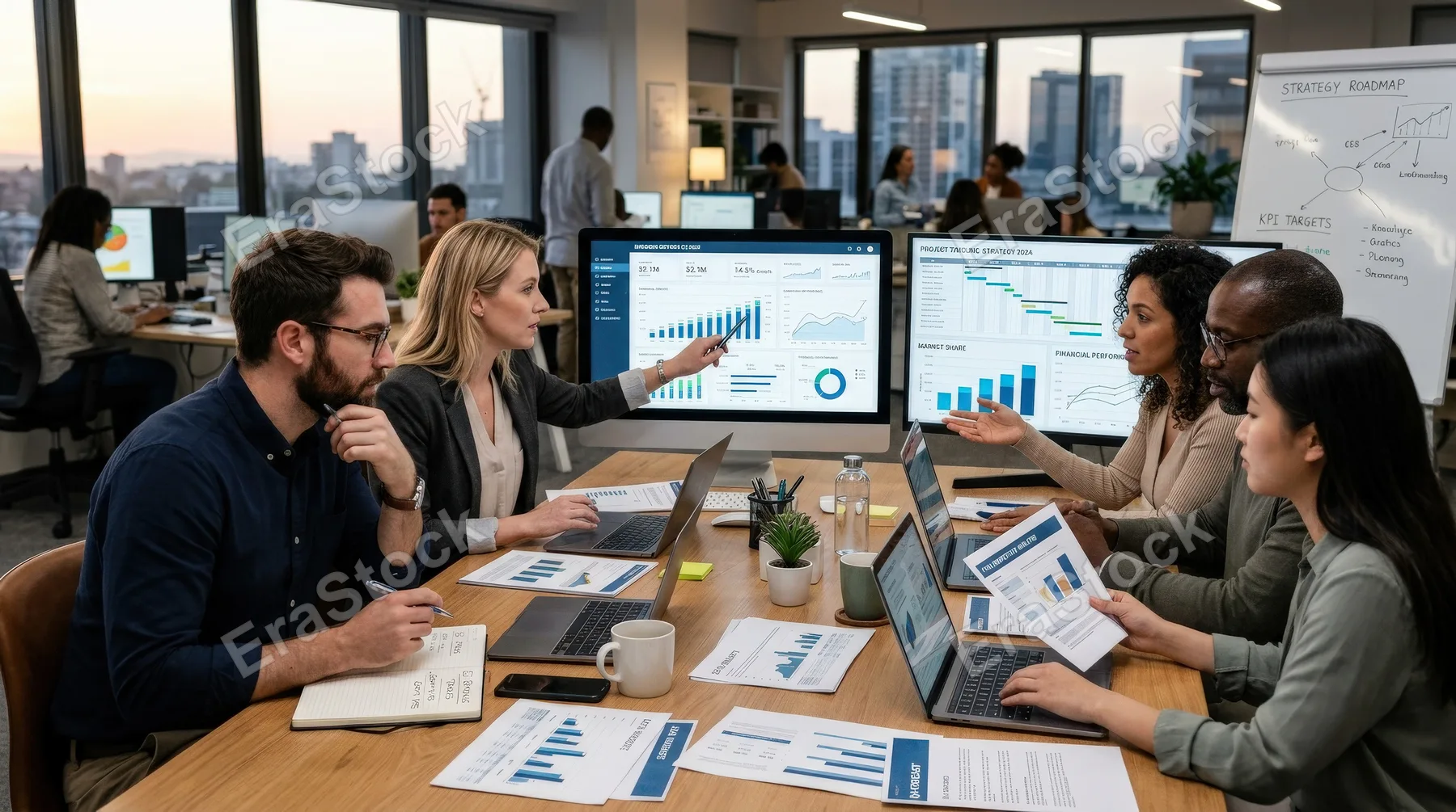 A data analysis workspace with people studying graphs and business reports, financial diagrams on screens, strategic teamwork mood, ultra-realistic, no logos.