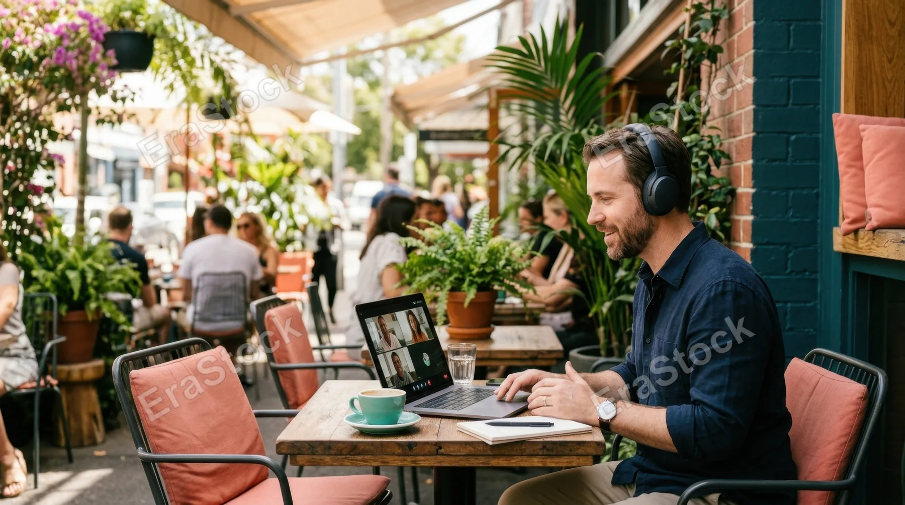 a 35-year-old caucasian male director engaged in a focused video call, sitting at a sunlit patio table in a lively cafe. the vibrant setting showcases a contemporary home