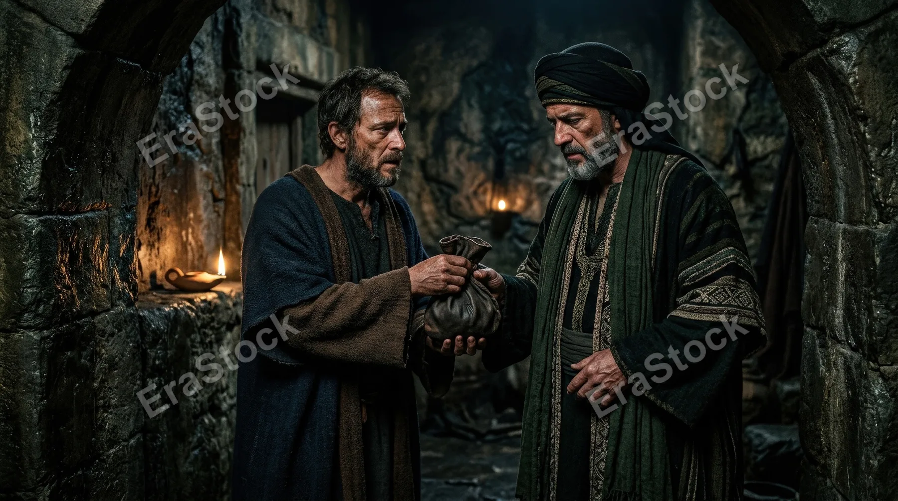 A man in ancient robes offering a money bag to another man, low light, weathered walls, careful gestures and a tense biblical betrayal scene, ultra-realistic, no logos.