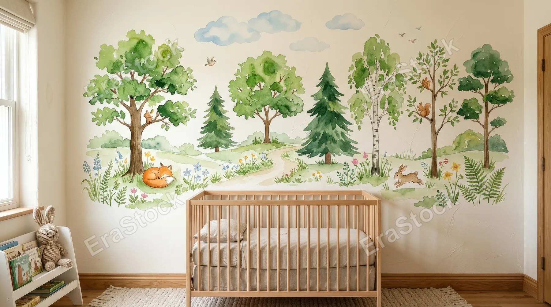 A watercolor set of green trees, charming hand-painted nature elements for a child room mural, soft playful landscape mood, ultra-realistic, no logos.