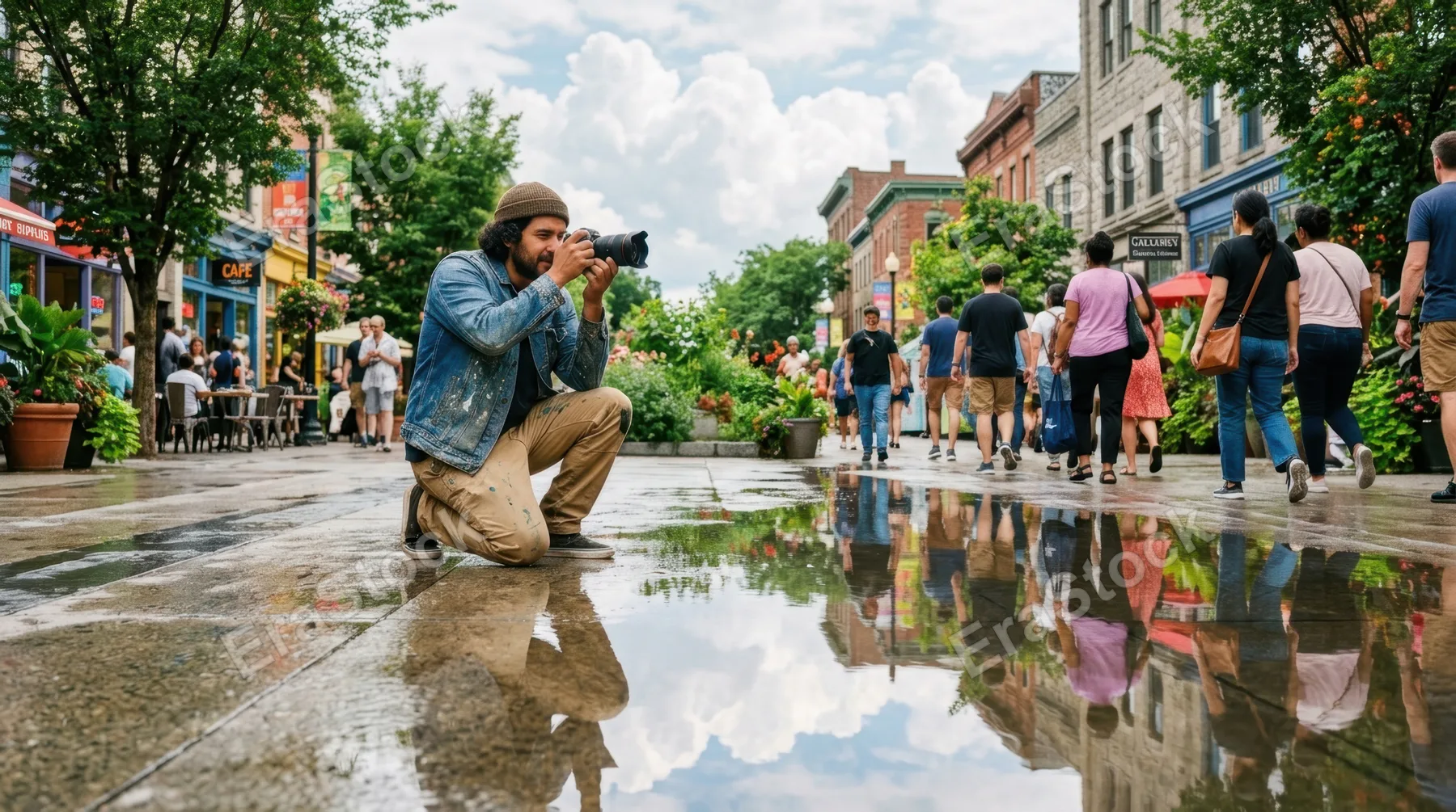 a hispanic male artist kneeling on a mirrored sidewalk, capturing reflections of passing pedestrians in a vibrant urban environment filled with greenery. the scene is