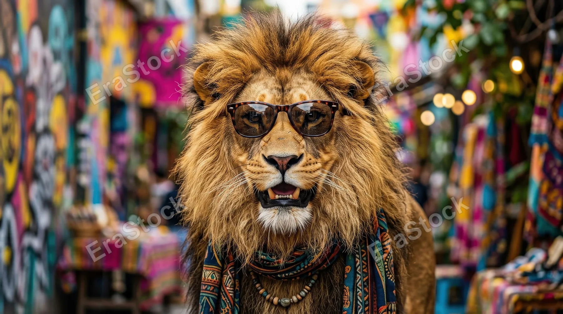 A vibrant lion wearing stylish sunglasses against a colorful background, playful expression and bold fashionable charisma, ultra-realistic, no logos.