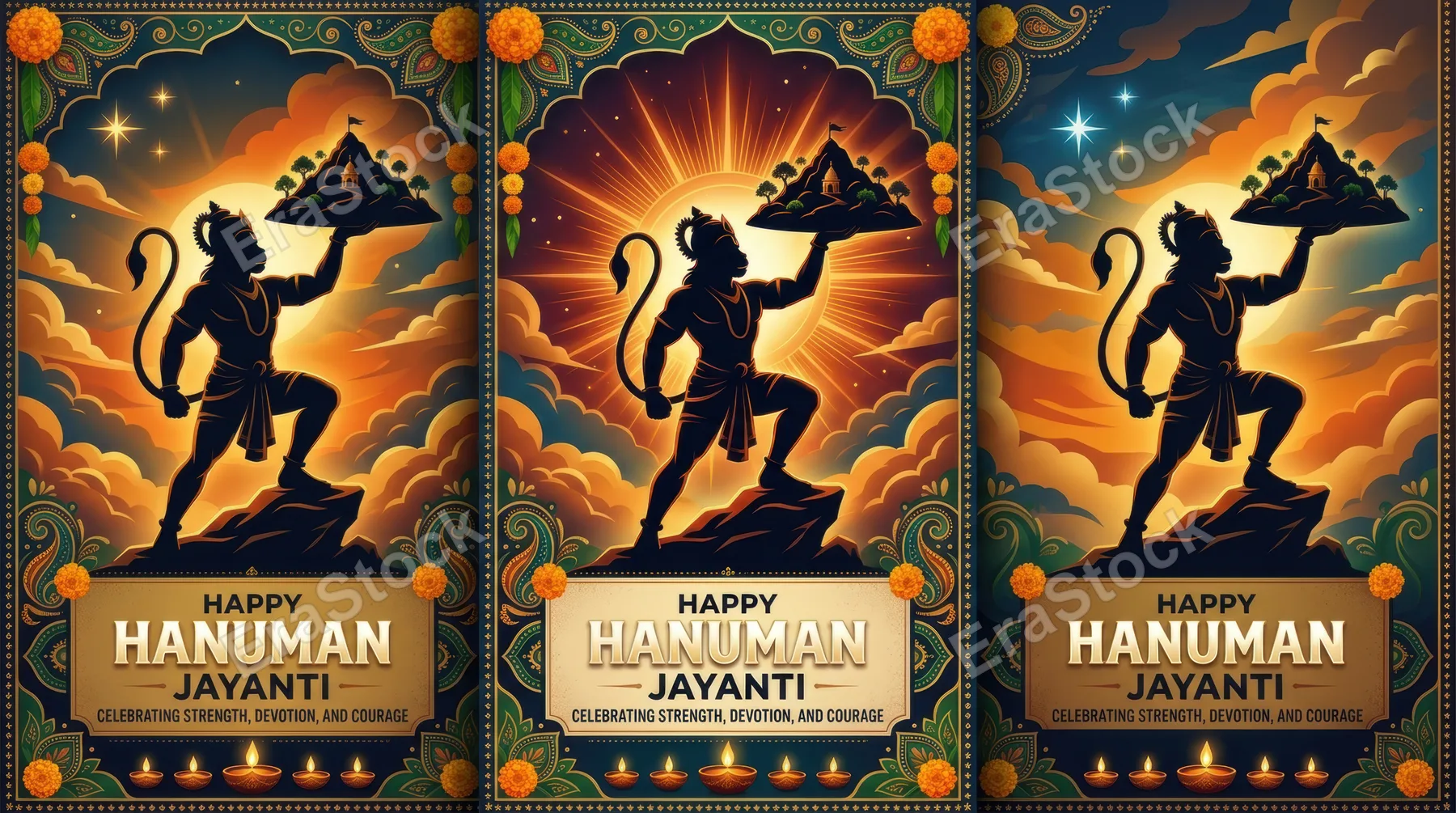 Hanuman Jayanti vibrant poster featuring a powerful symbolic figure silhouette holding a mountain, glowing aura radiating behind, dramatic sky with warm orange and gold