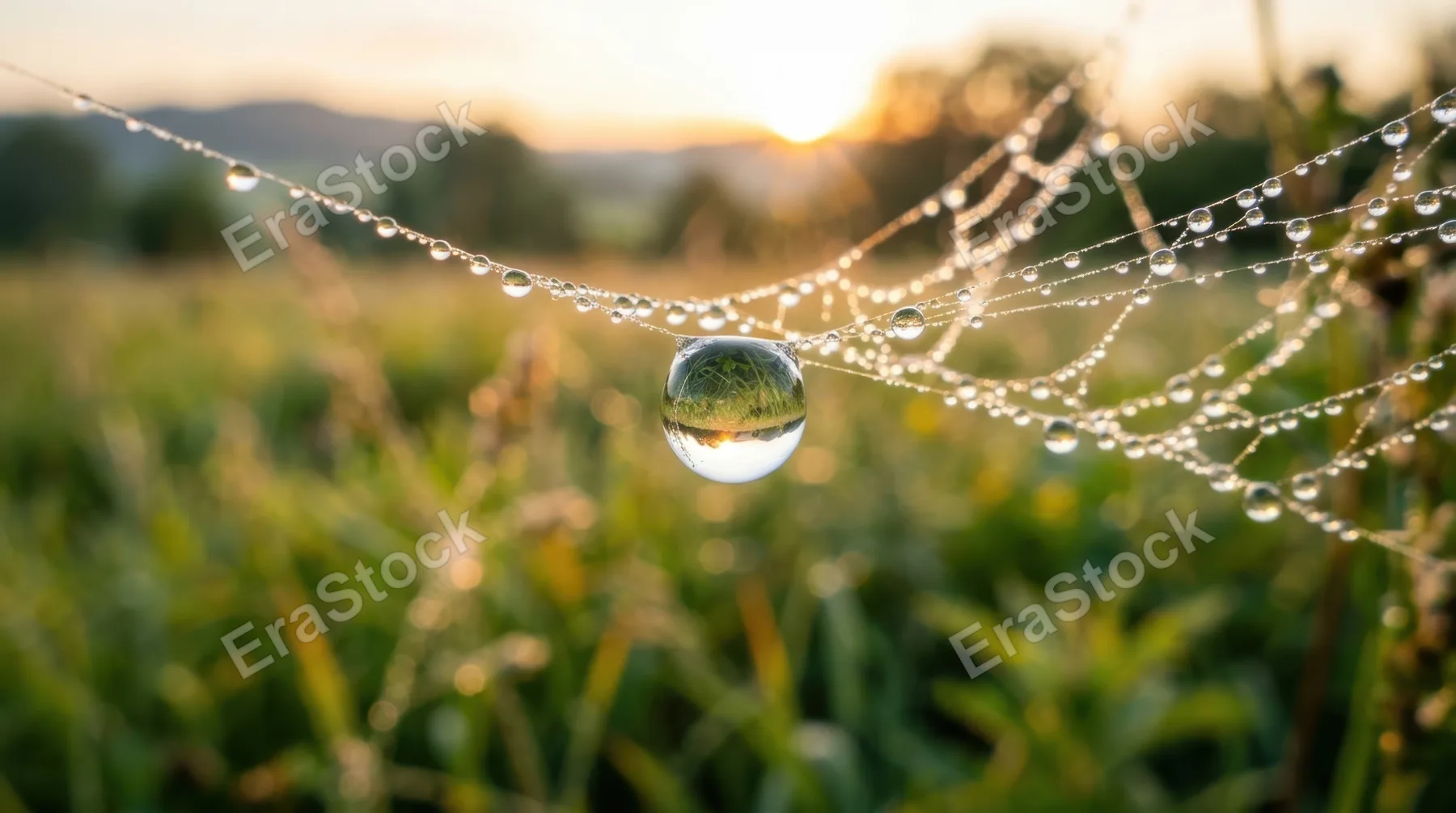 A macro photograph of a single dewdrop resting on a spider web strand at dawn, the droplet acting as a perfect convex lens refracting an entire green meadow inside its