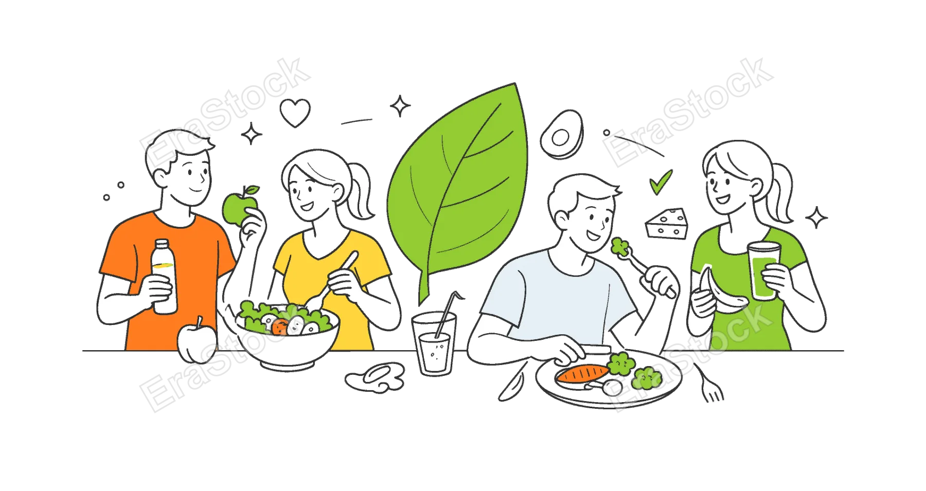 A healthy eating and balanced diet scene where individuals make mindful food choices in everyday life, using minimal forks with fresh ingredients and a single leaf element as a