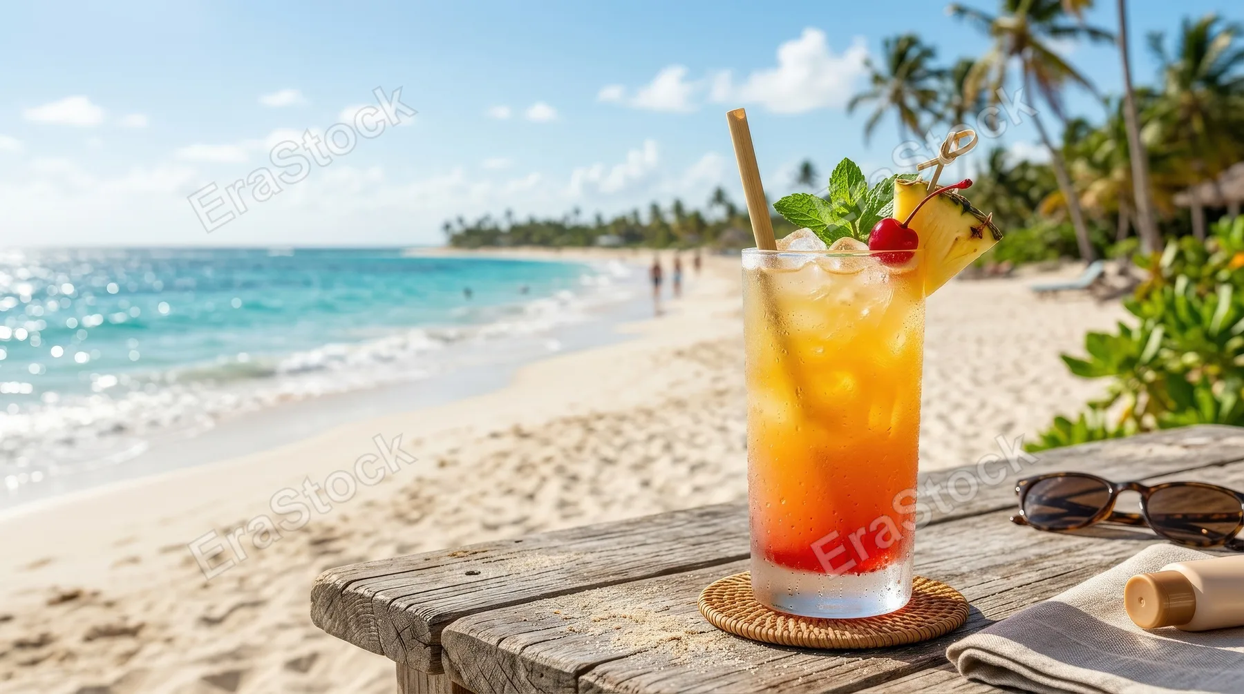 A refreshing tropical cocktail against a beach background with ample open space, chilled glass, bright sunlight and relaxed travel-promo atmosphere, ultra-realistic, no logos.