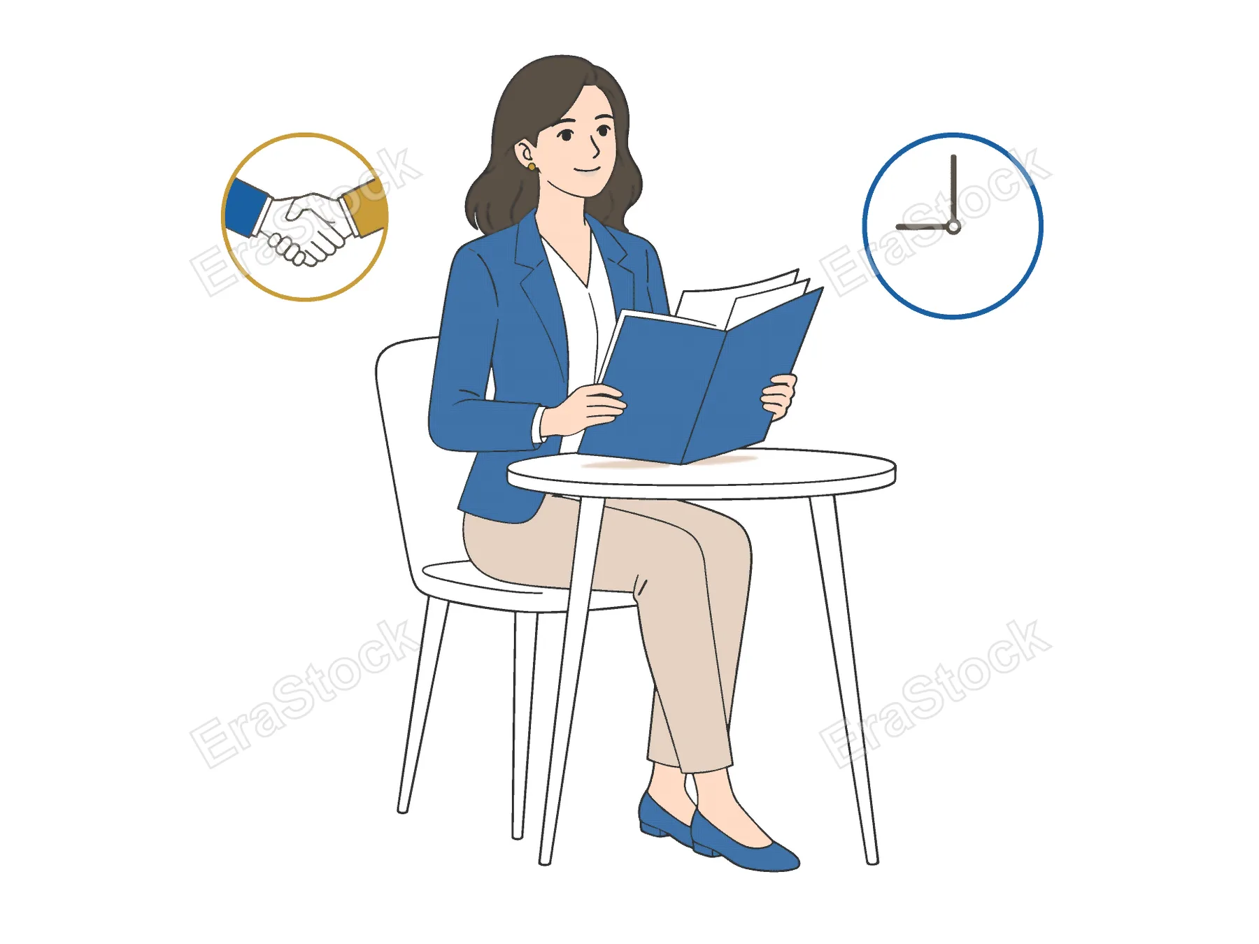 A professional woman sits at a table, engrossed in a book, with icons representing a handshake and a clock symbolizing career and time management