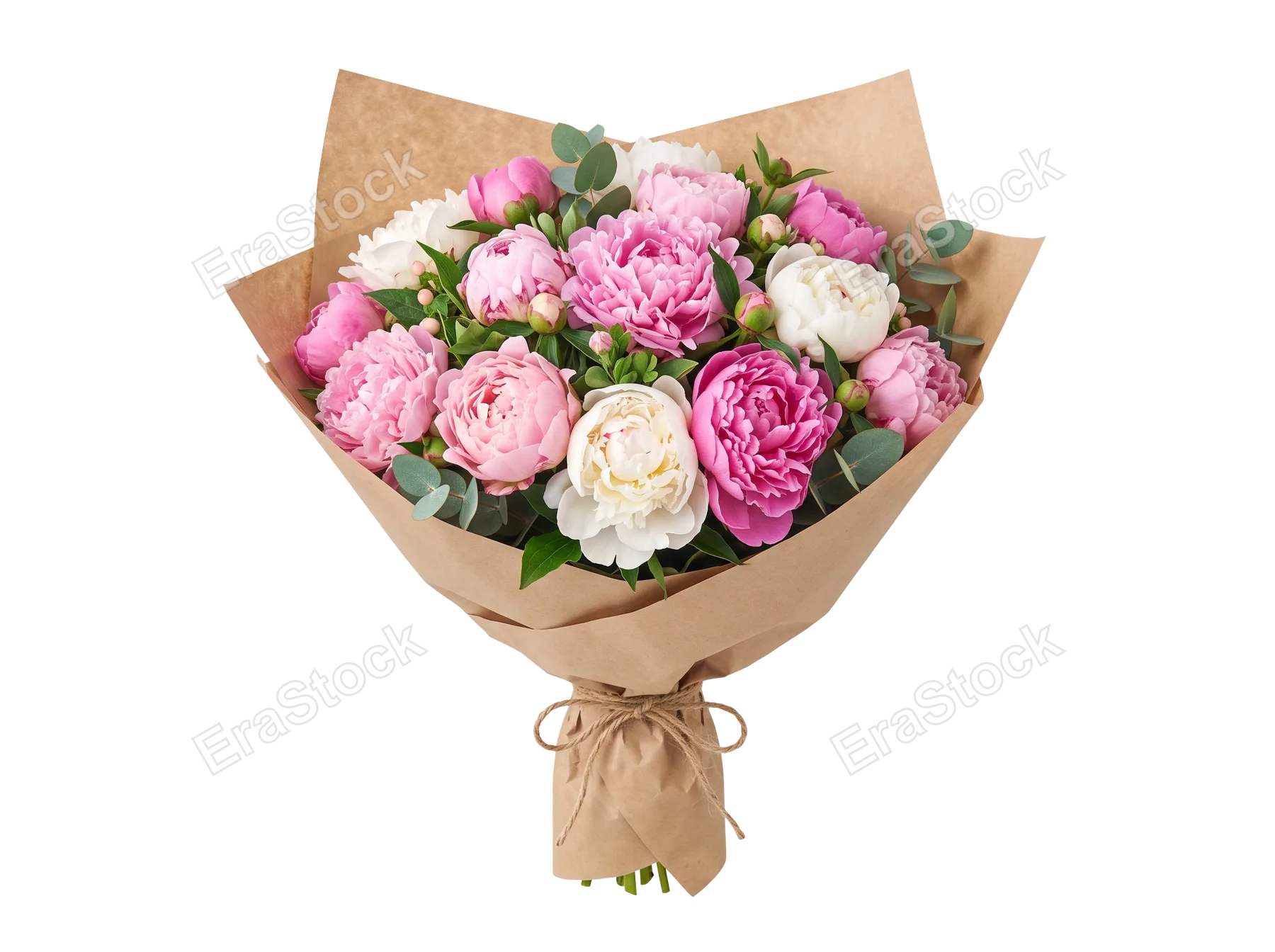 A lush arrangement of fresh peonies in various shades of pink and white, accented with eucalyptus, is presented in rustic brown paper packaging tied with twine
