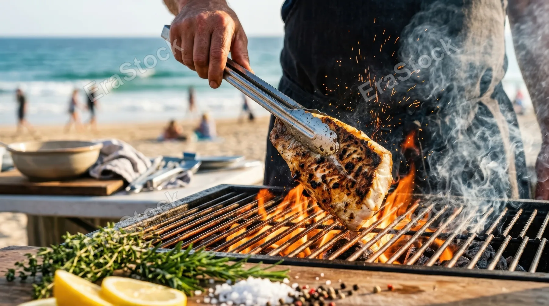 Close-up of tongs flipping a perfectly seared fish fillet over hot flames, sparks and smoke rising dramatically, grill grates glowing orange-red, fresh herb sprigs and