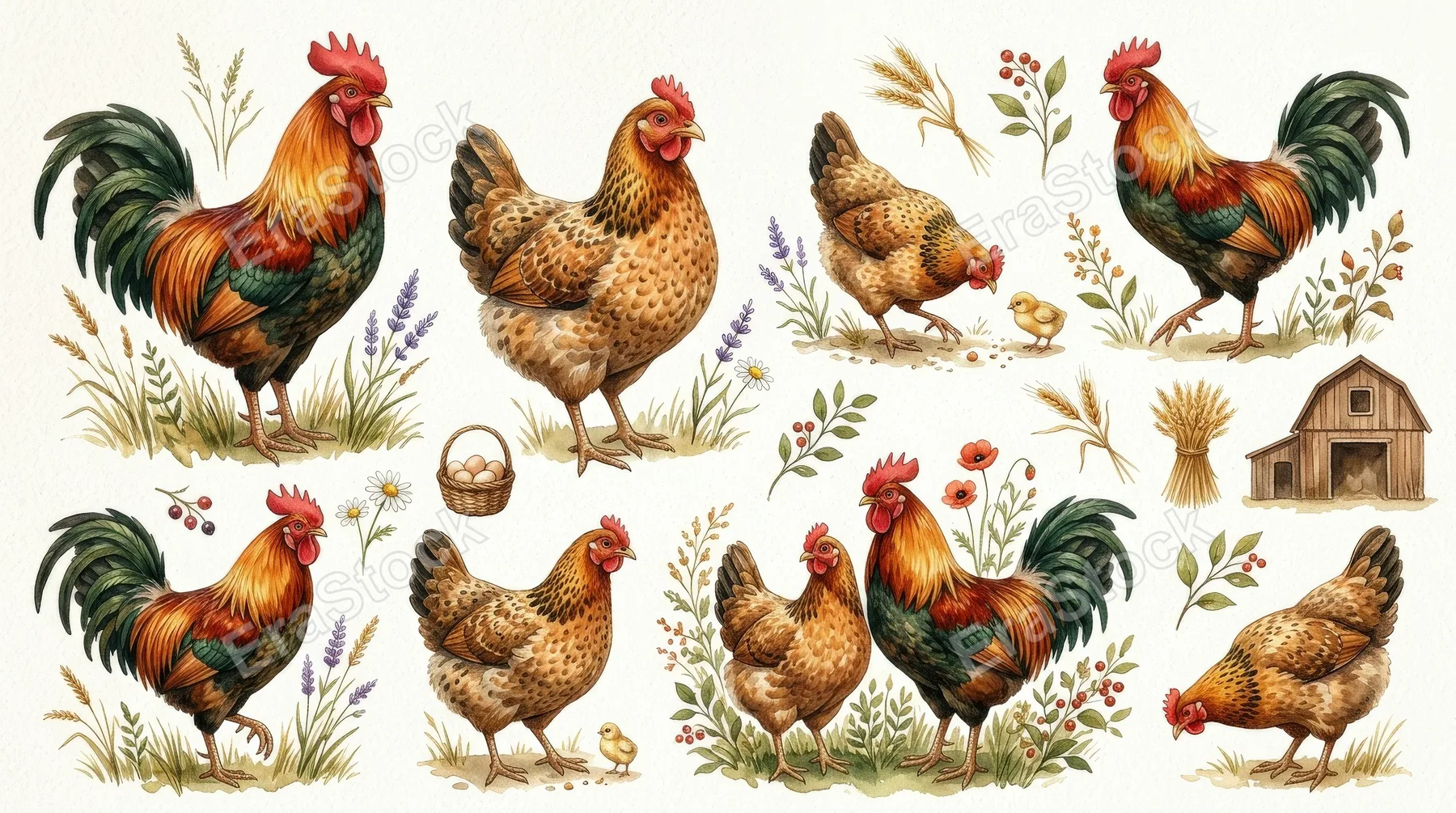 Rooster and hen watercolor clipart set, hand-painted rustic farm animals with warm countryside detail and cozy farmhouse appeal, ultra-realistic, no logos.