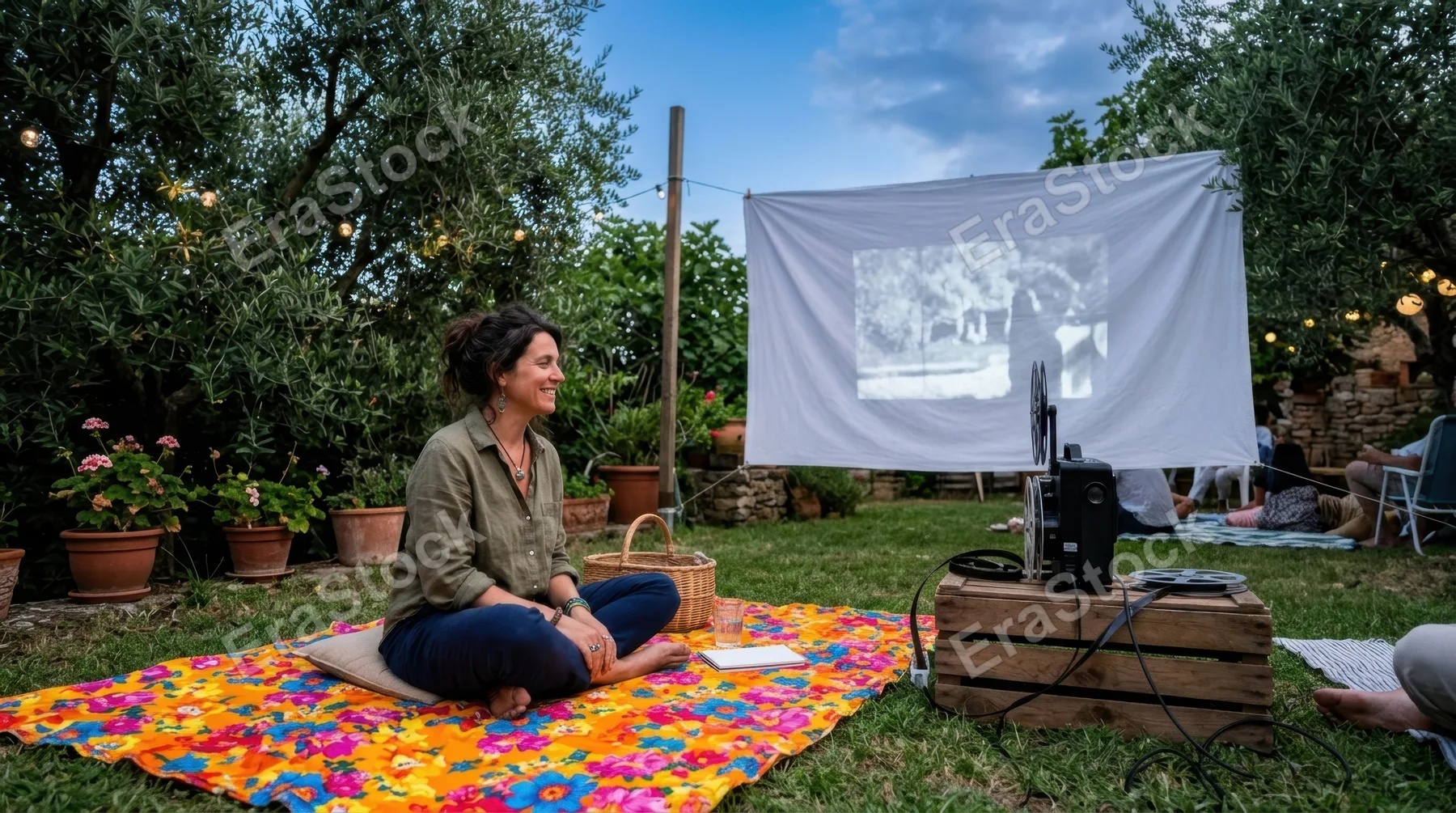 a 41-year-old caucasian female artist is screening a film outdoors, casually dressed and seated on a vibrant picnic blanket decorated with bright flowers. the inviting