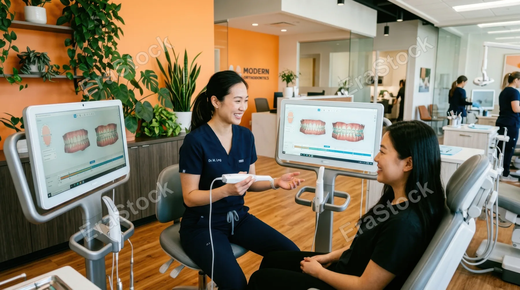 in a modern dental clinic, a 29-year-old asian female orthodontist interacts with a patient, utilizing a handheld scanner to discuss treatment options. the atmosphere is