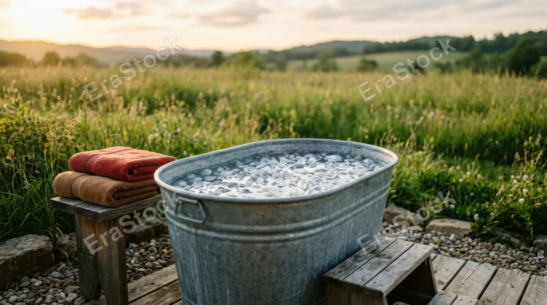 a clean and bold composition featuring a galvanized cold plunge tub filled with ice-cold water, positioned prominently against a soft, unfocused grassy meadow. the