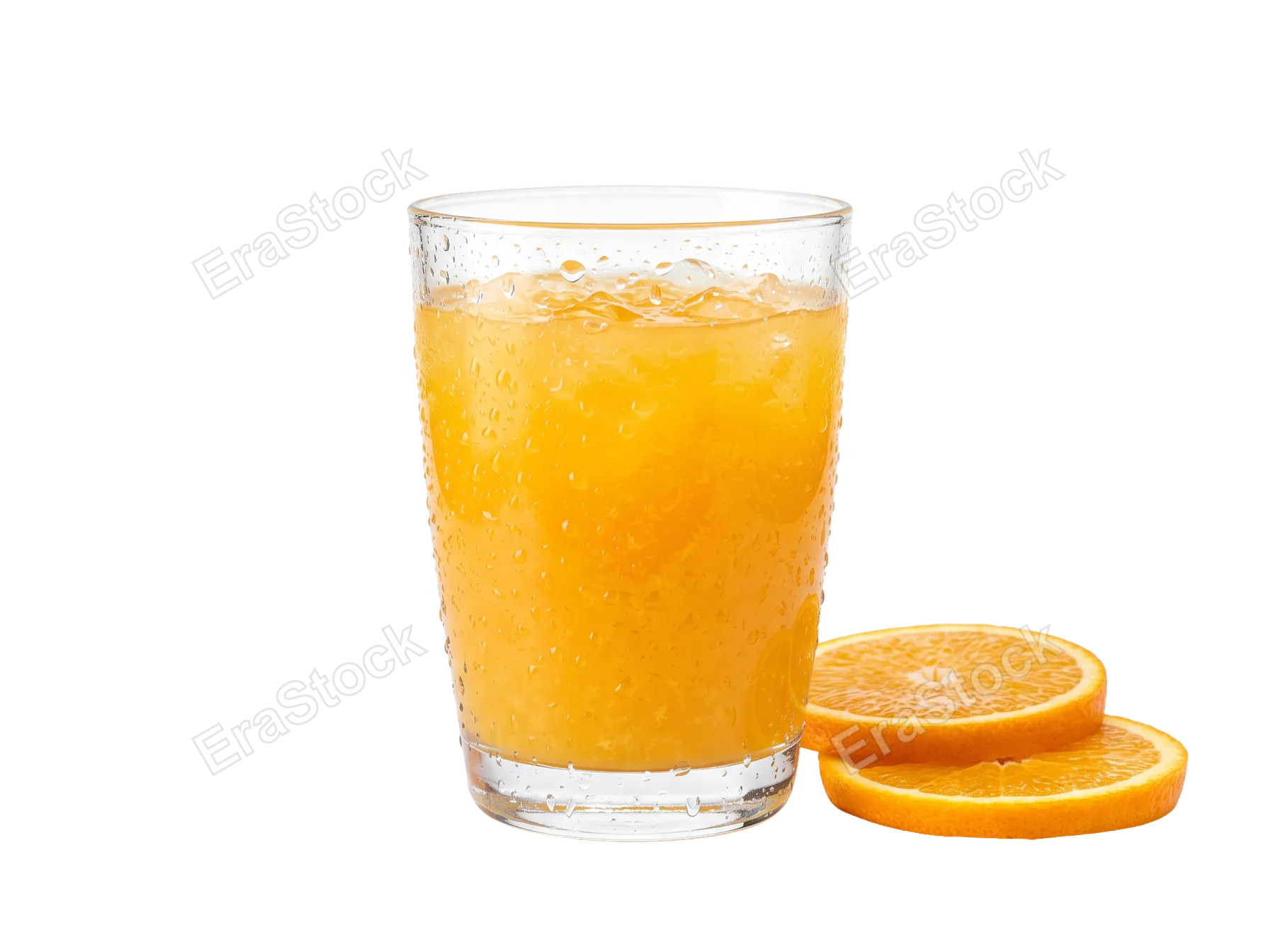 A tall, condensation-covered glass filled with vibrant orange juice and ice cubes sits next to two fresh orange slices, evoking a sense of cool refreshment