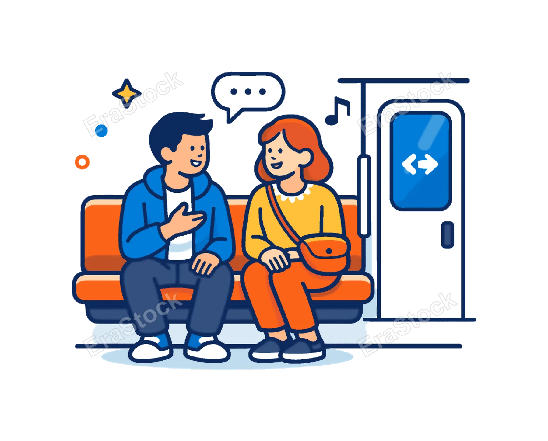 City lifestyle moment highlighting friends riding the subway together while chatting during a daily commute or weekend outing, two people sitting on a subway bench seat beside a