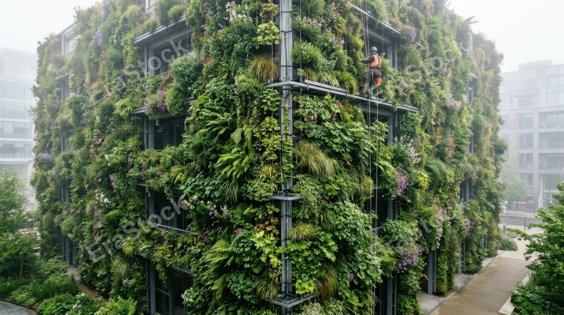 A lush vertical garden wall covering an entire building facade, thousands of plant species in varying shades of green, cascading ferns and flowering vines growing between