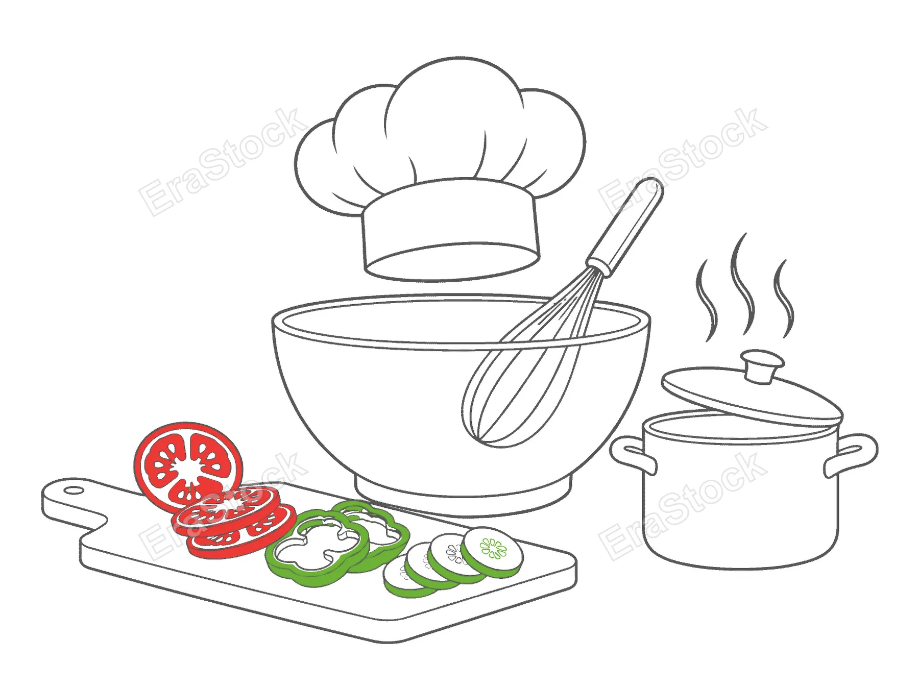 A chef's hat rests above a mixing bowl with a whisk, next to a steaming pot and a cutting board with sliced vegetables, symbolizing culinary creation